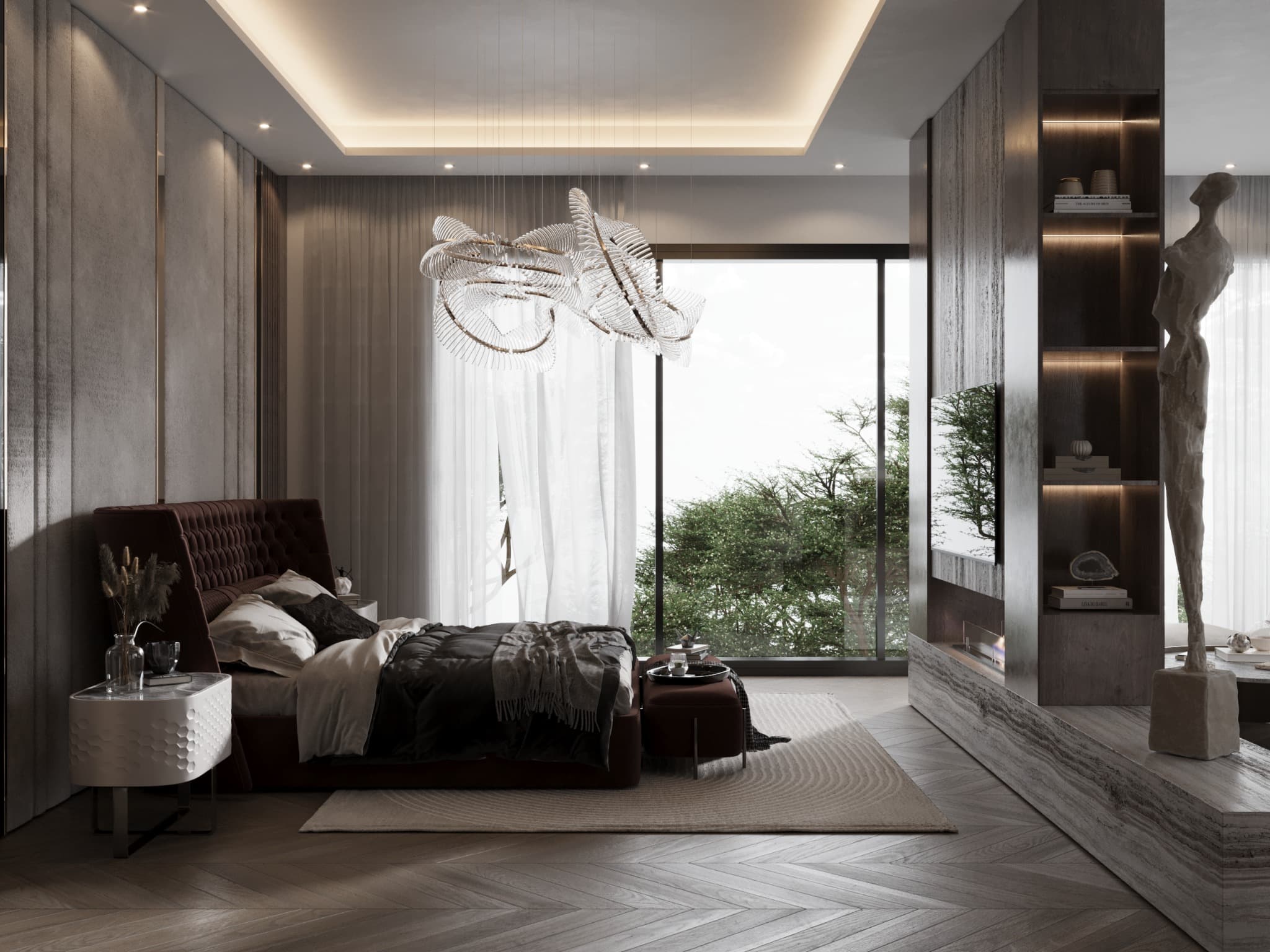 Side view of the bed toward the glazing and full-height storage