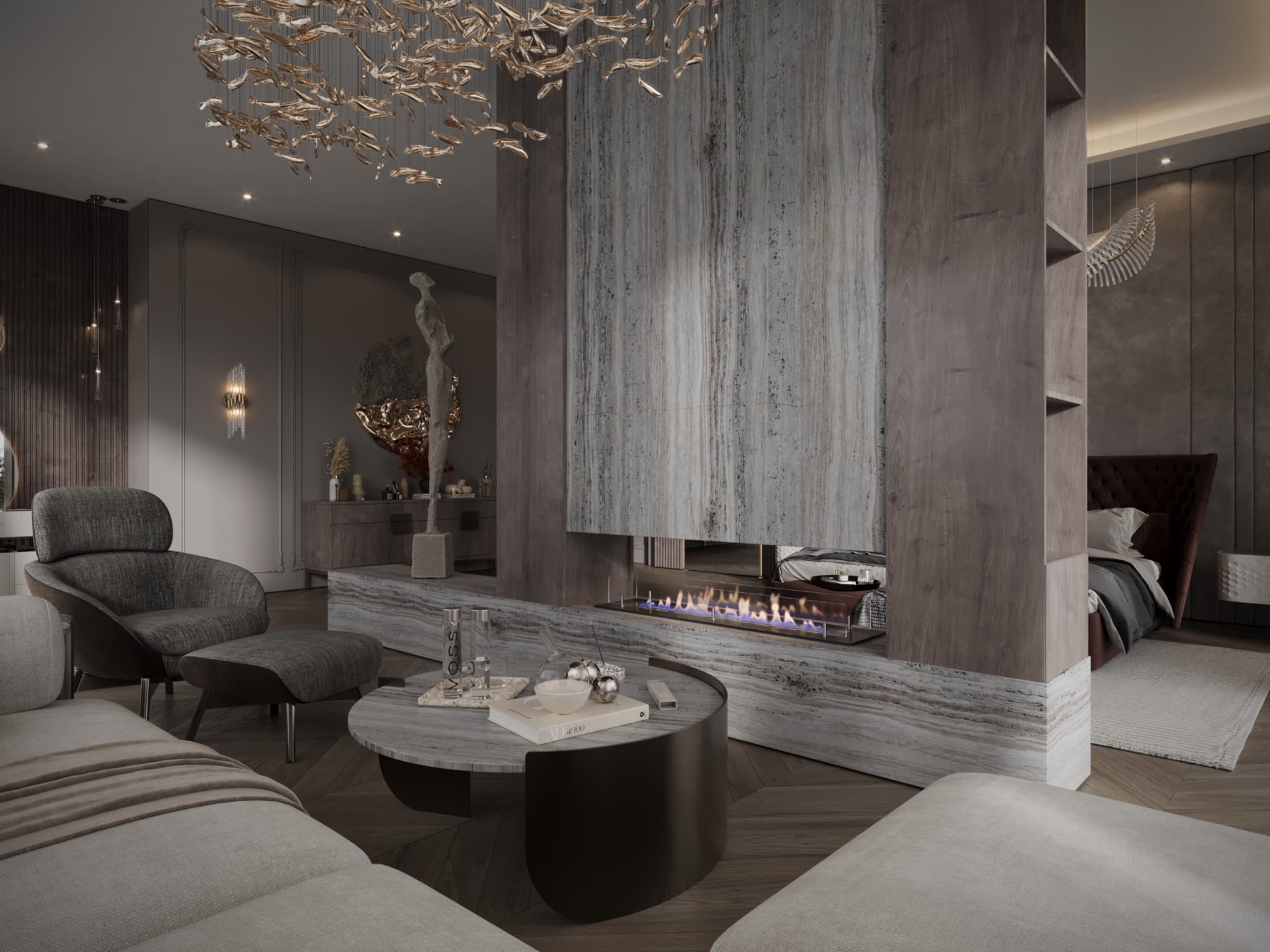 Lounge seating around a stone-effect fireplace partition
