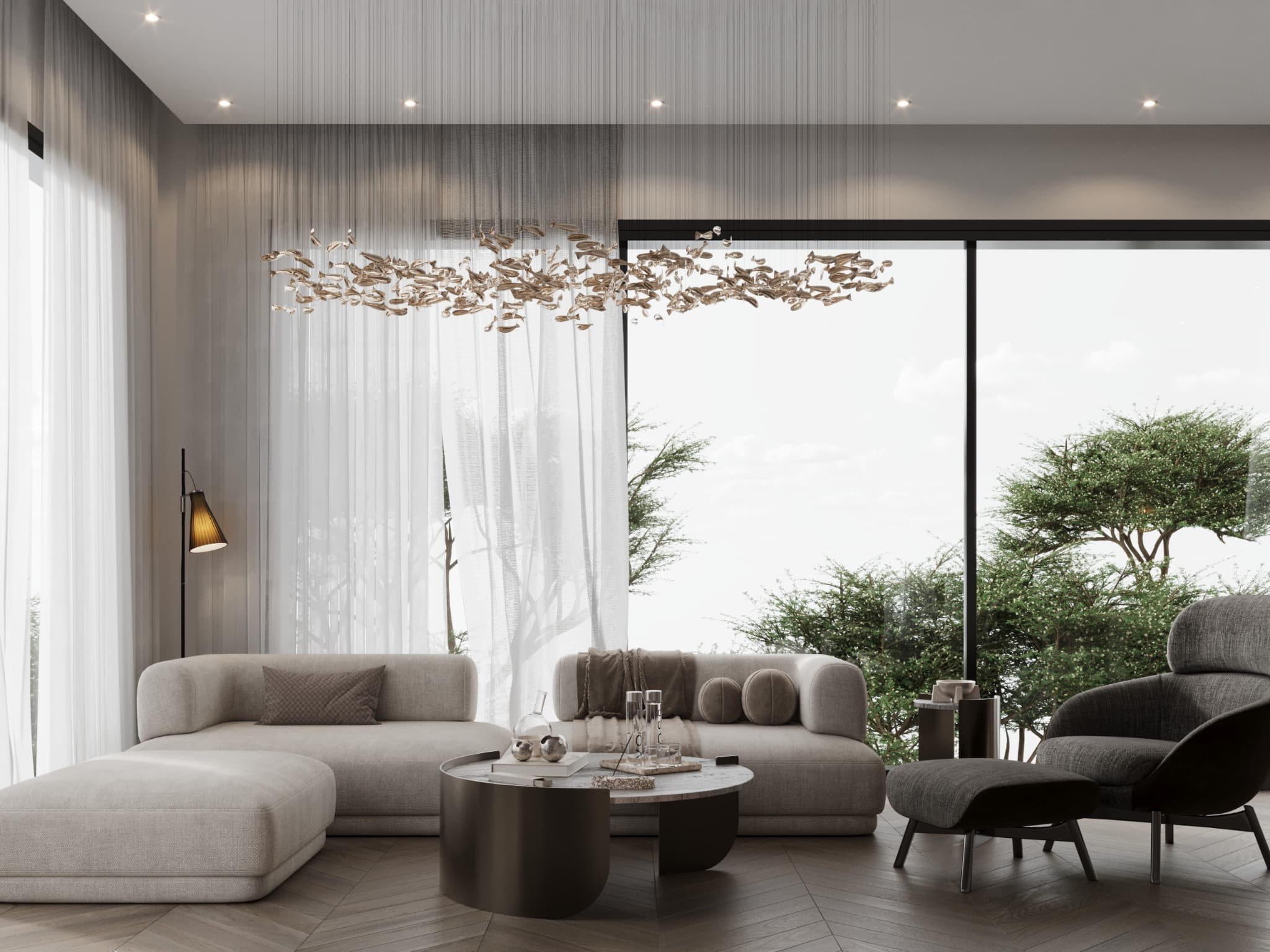 Lounge with pale curved sofa facing full-height glazing
