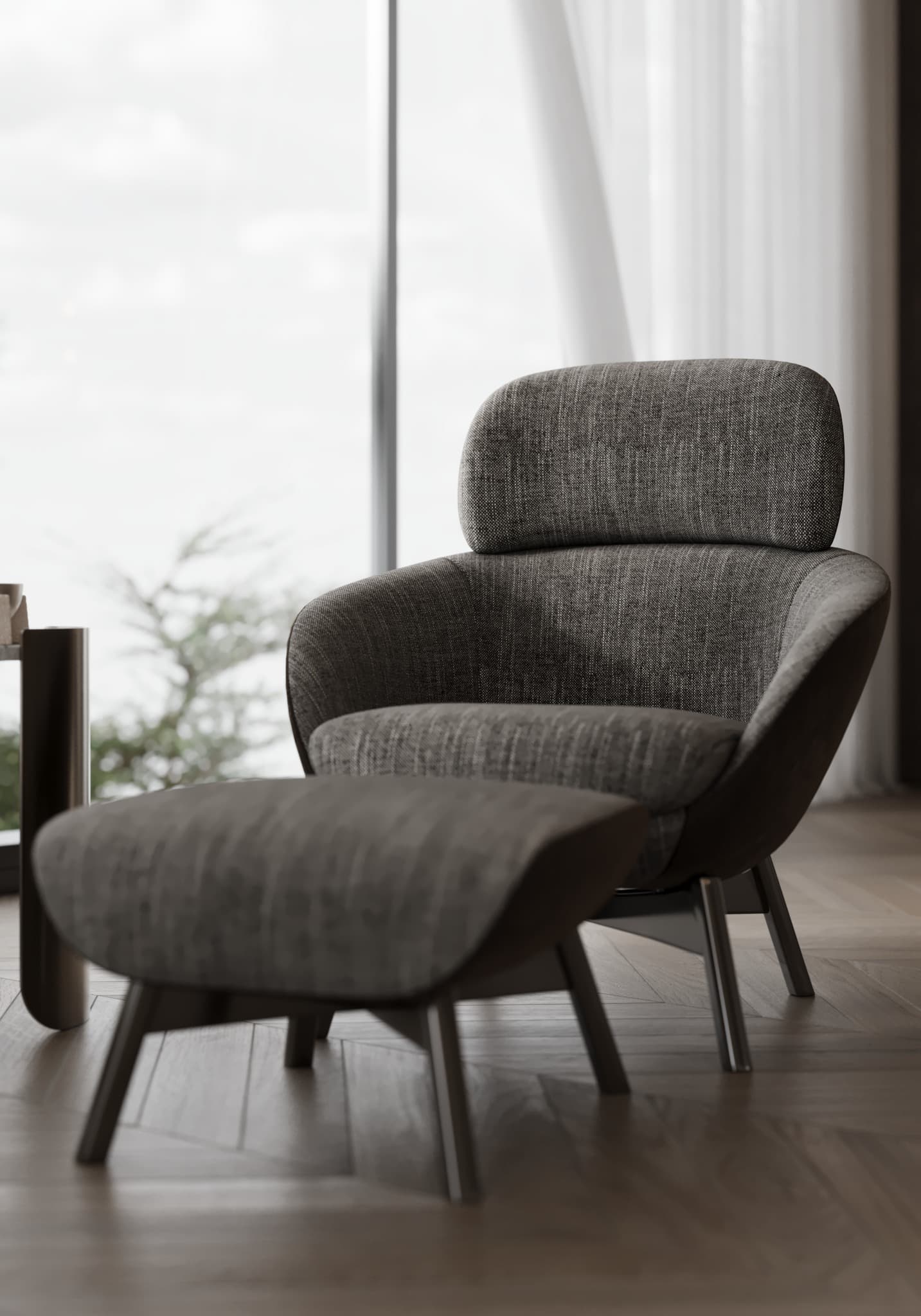 Lounge chair and footstool beside the window