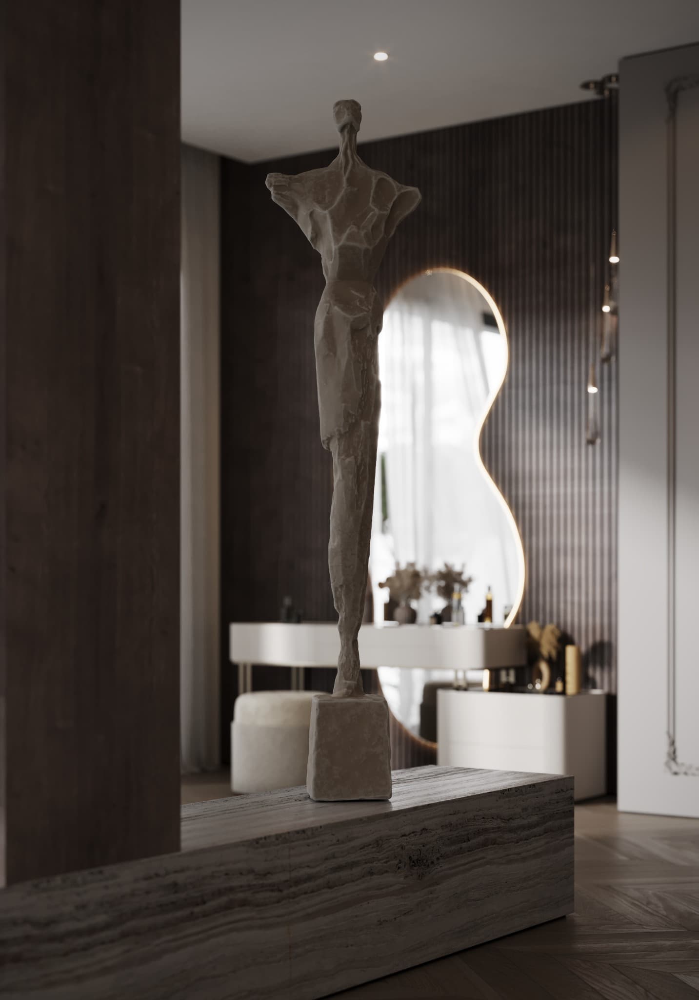 Sculptural object before an organic mirror in the dressing area