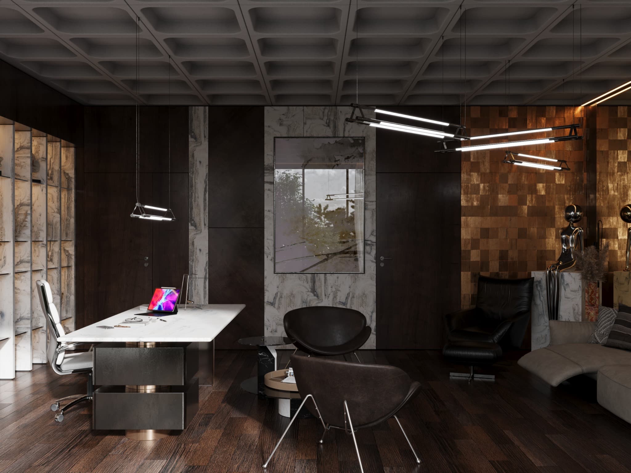 Side view of the desk profile and the lounge seating