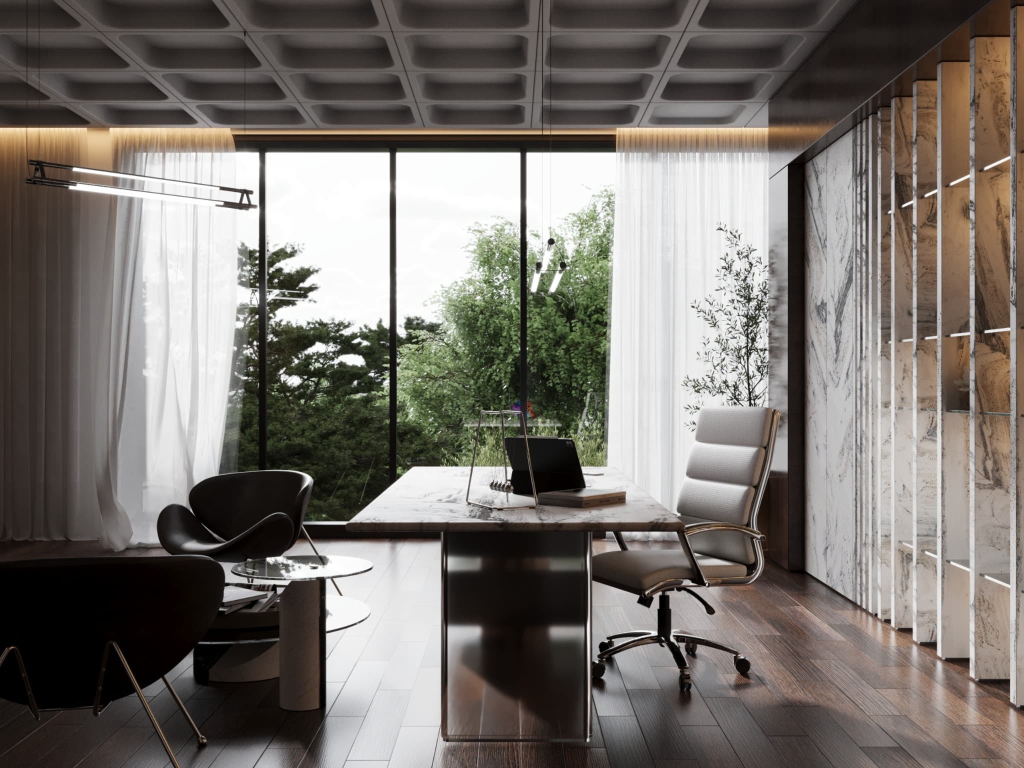 Desk facing the window and landscape behind sheer curtains