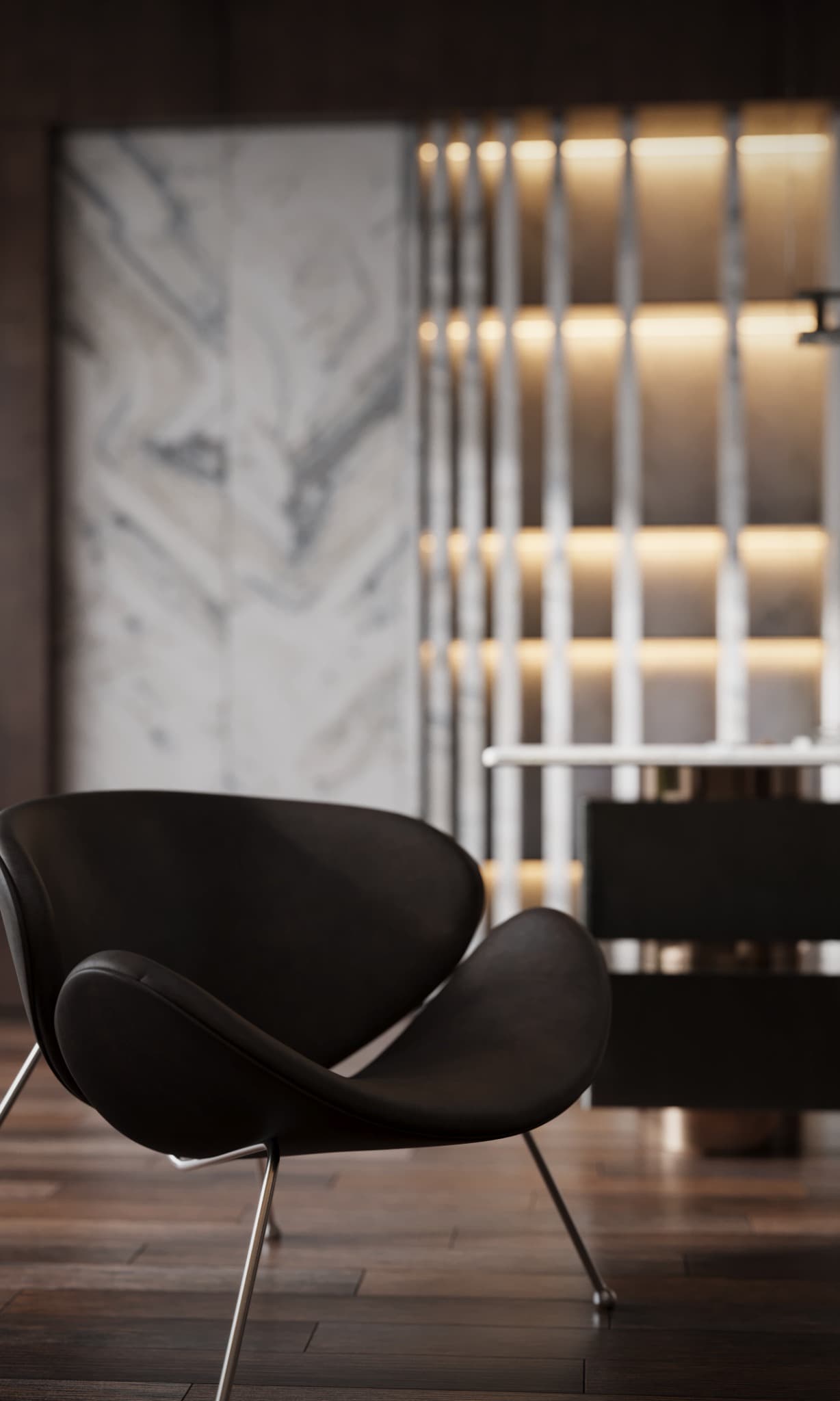 Close portrait of a curved black visitor chair