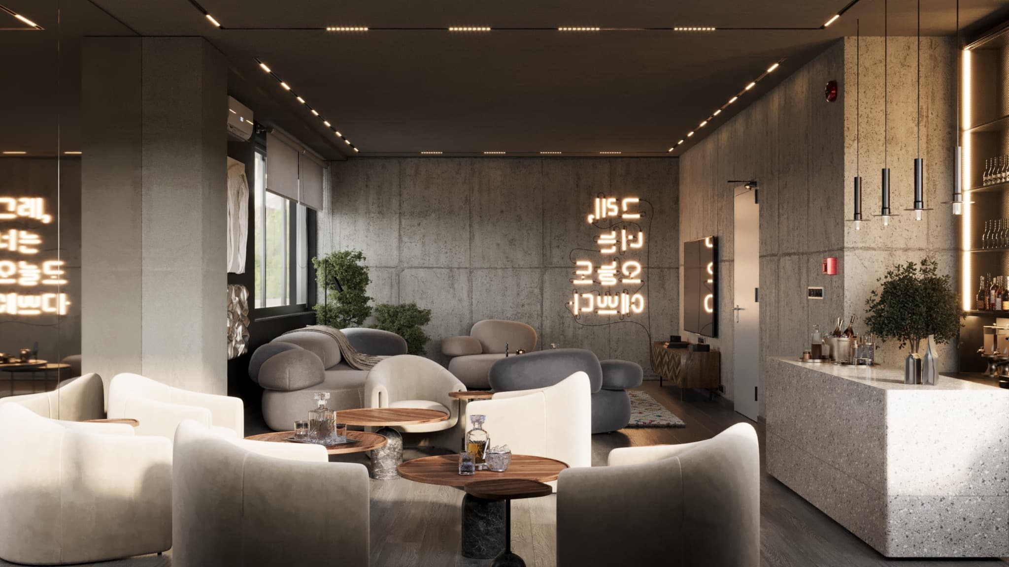 Reverse view showing the depth of the room and its multiple seating groups