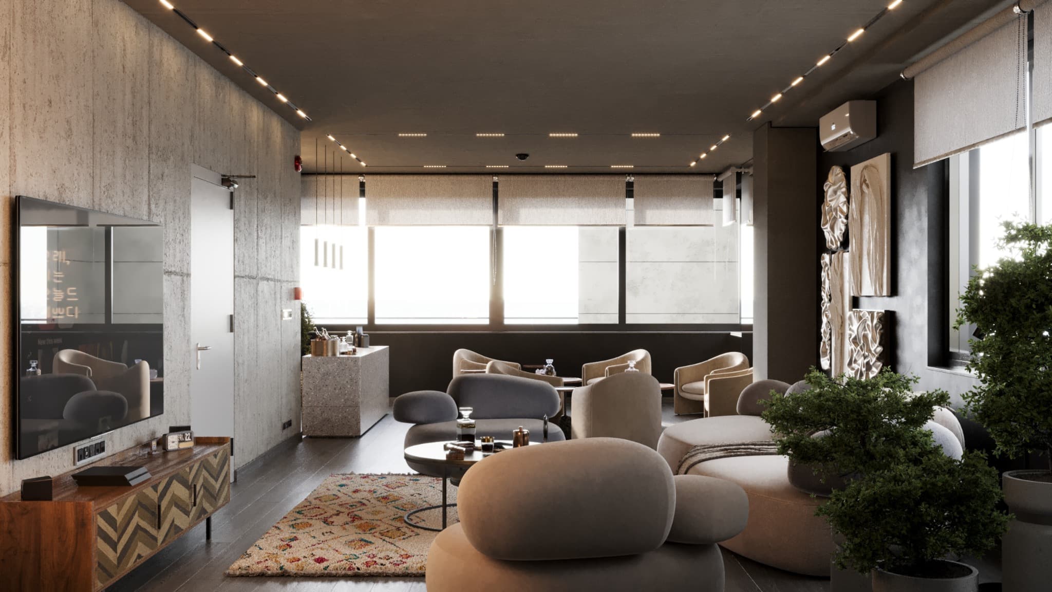 Wide view connecting the fireplace, rounded sofas and window wall