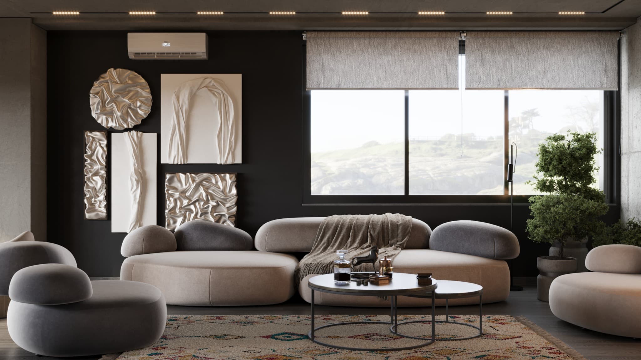 Sculptural sofa and rounded seats against the window beside textured wall art