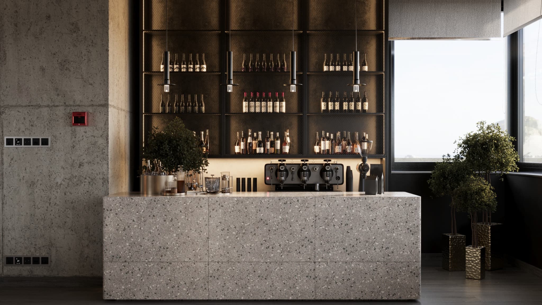 Frontal view of the bar contrasting a pale counter with dark shelving