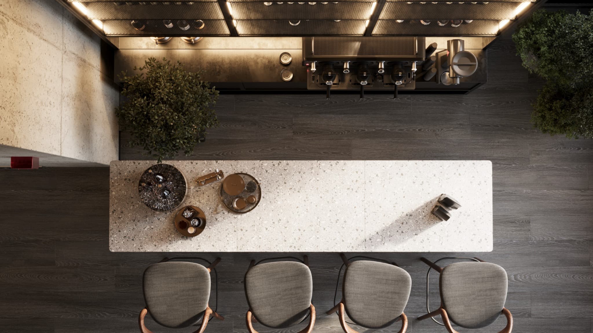 Overhead view of the bar with seating, speckled counter and back counter in parallel layers