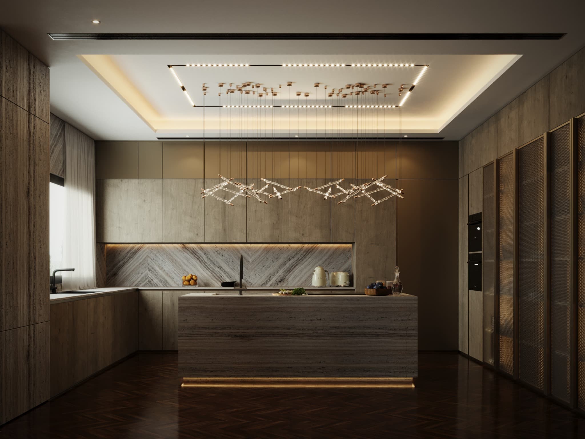 Kitchen with central stone island and illuminated ceiling frame