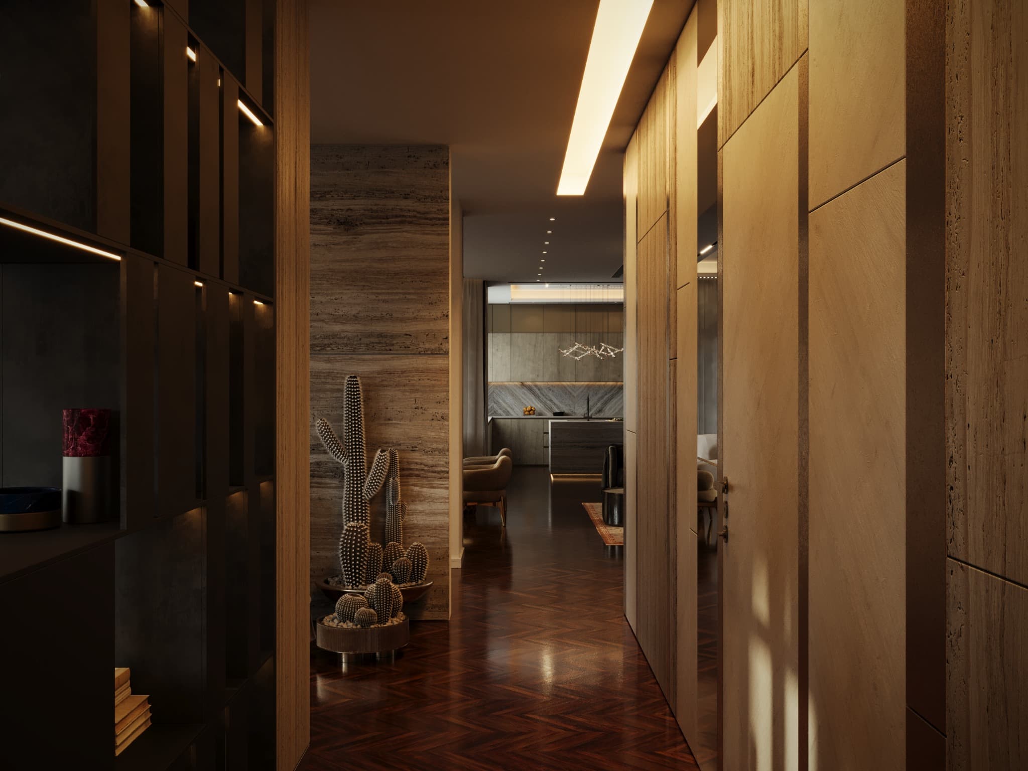 Corridor with tall timber panels and a continuous ceiling light