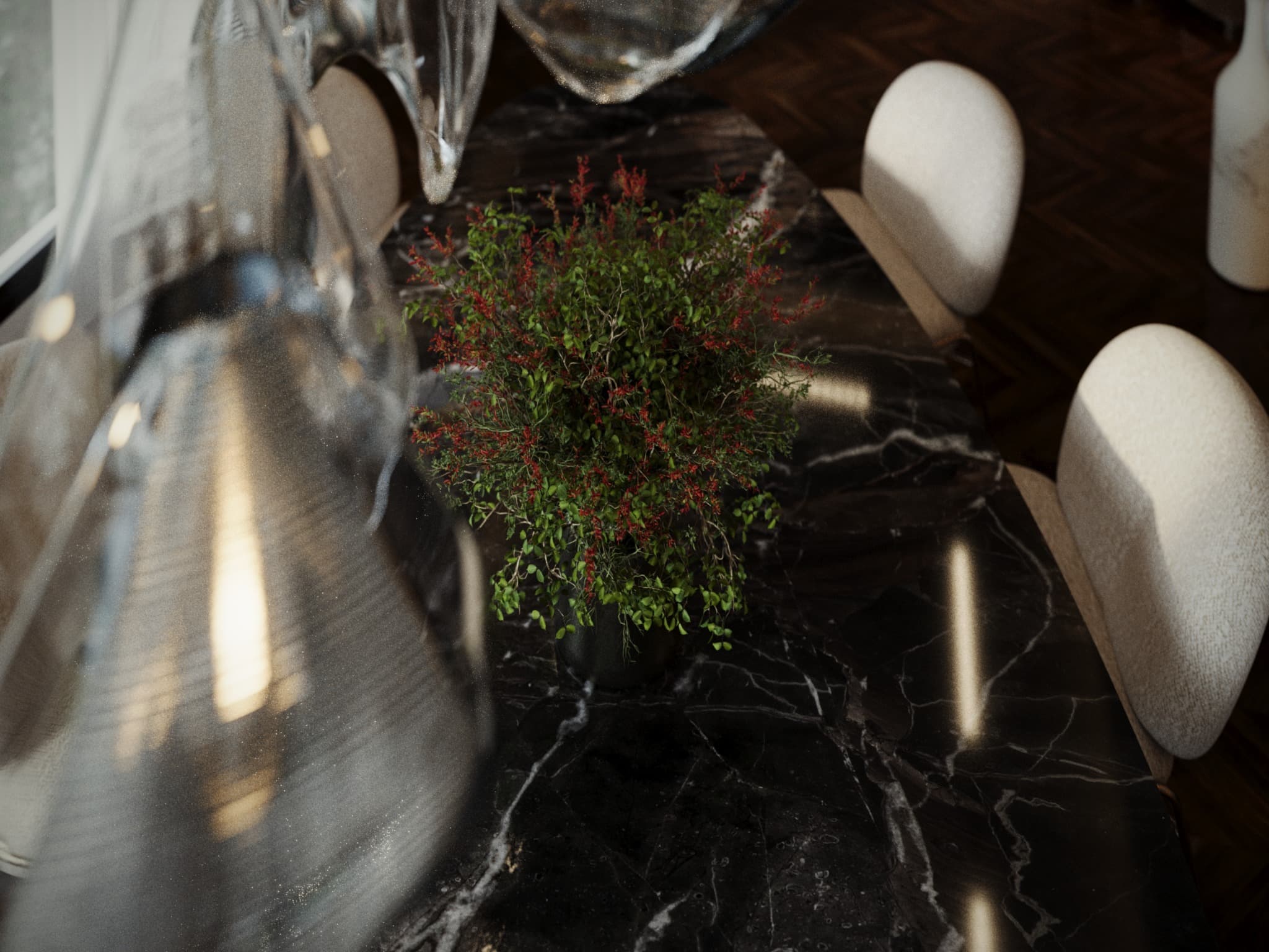Elevated view of foliage on a polished dark dining table