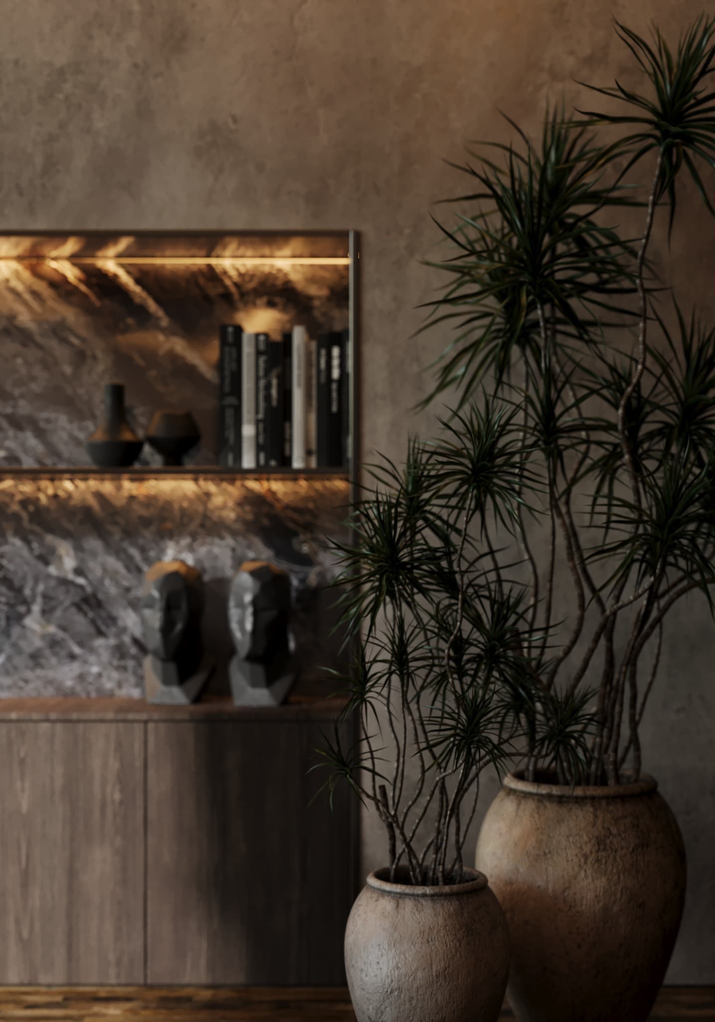 Plants and textured vessels against illuminated shelving