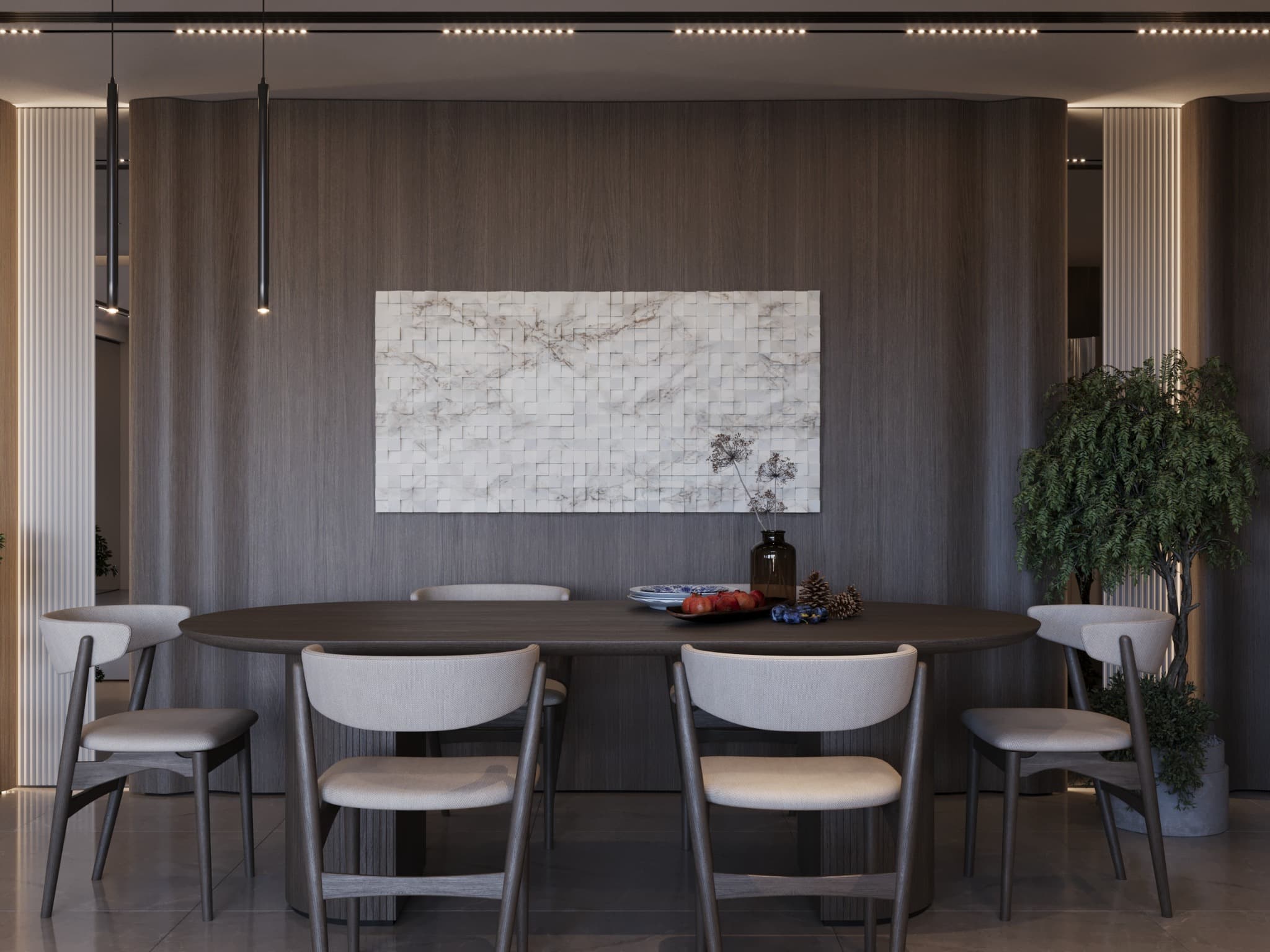 Dining zone with rounded table, timber wall and narrow pendant