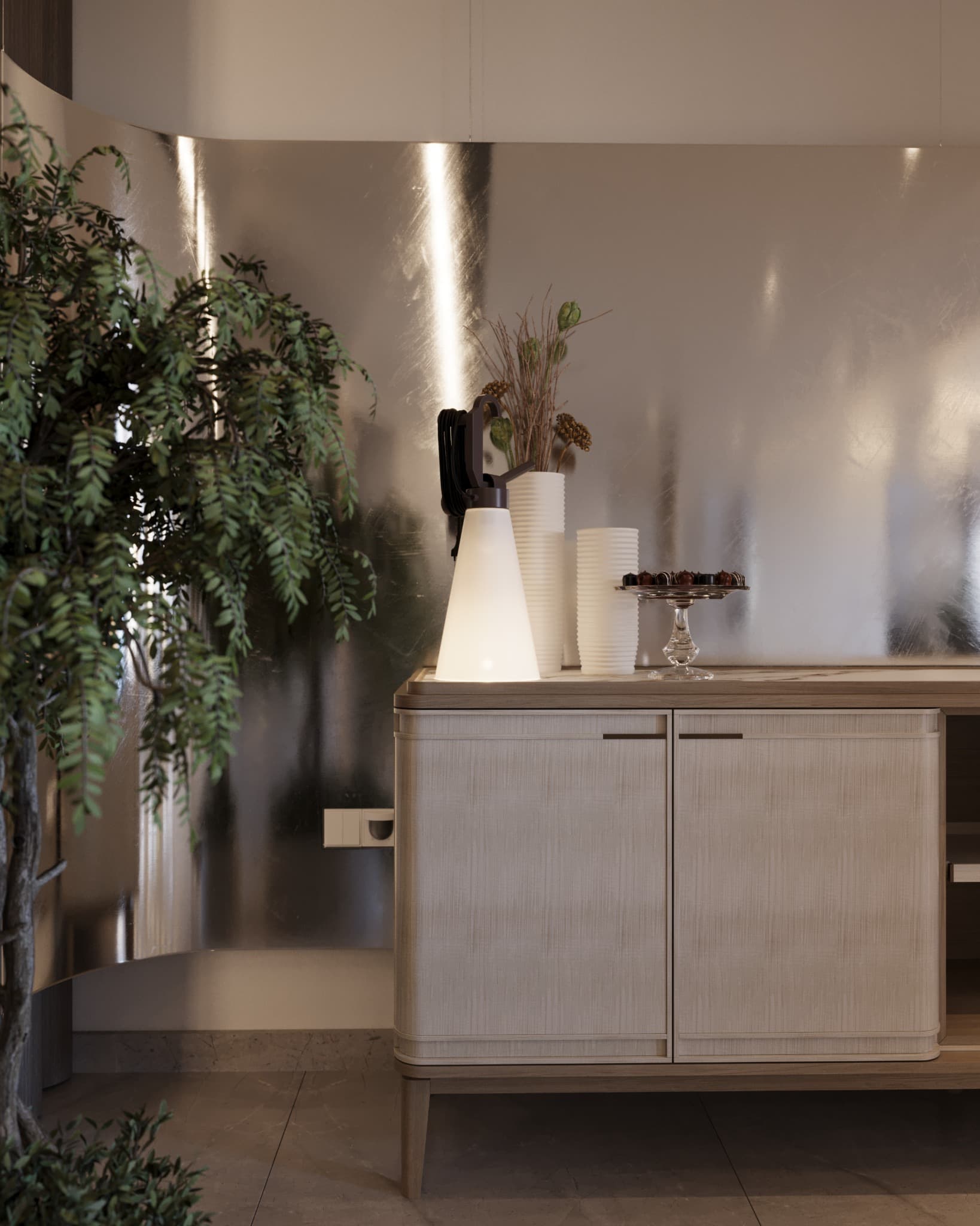 Pale timber sideboard framed by vertical wall lights