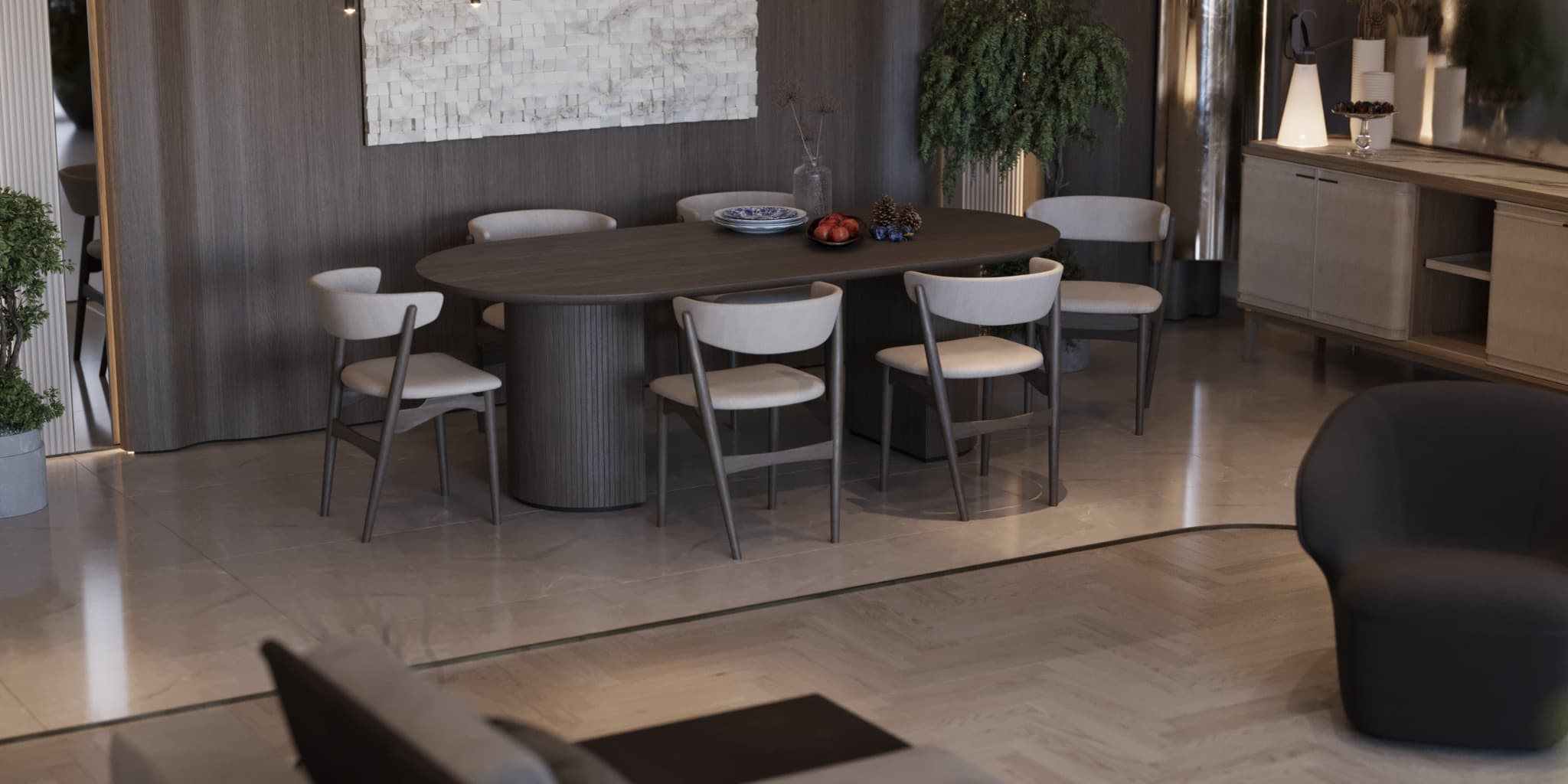 Low oblique view linking the dining furniture to the living area