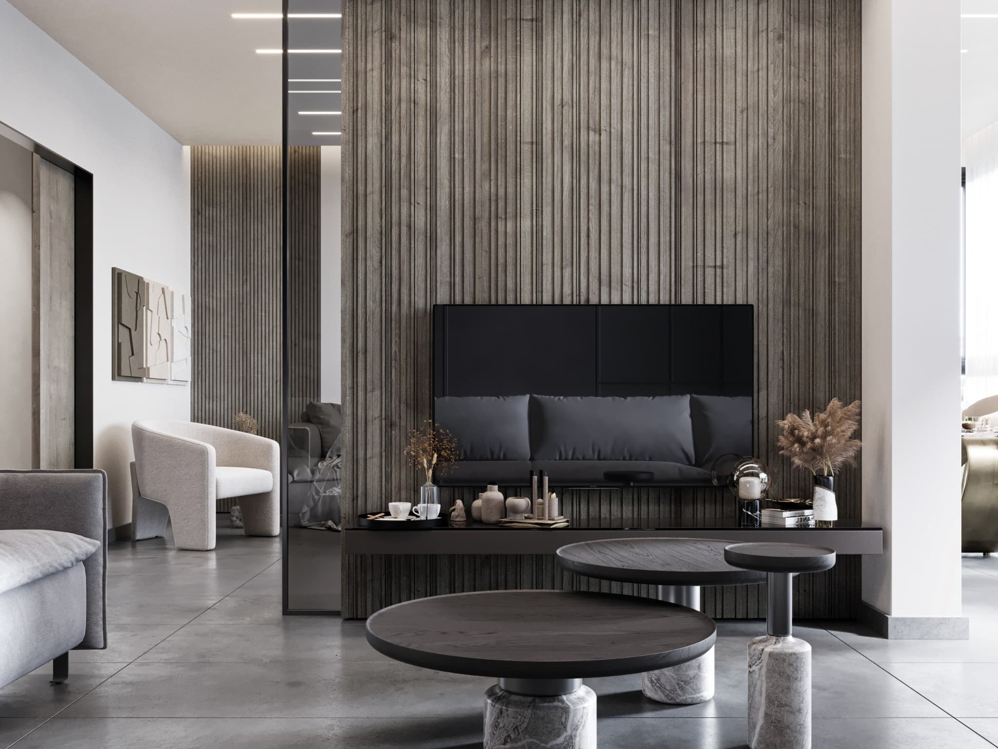 Vertically textured feature wall framing a television above a low console