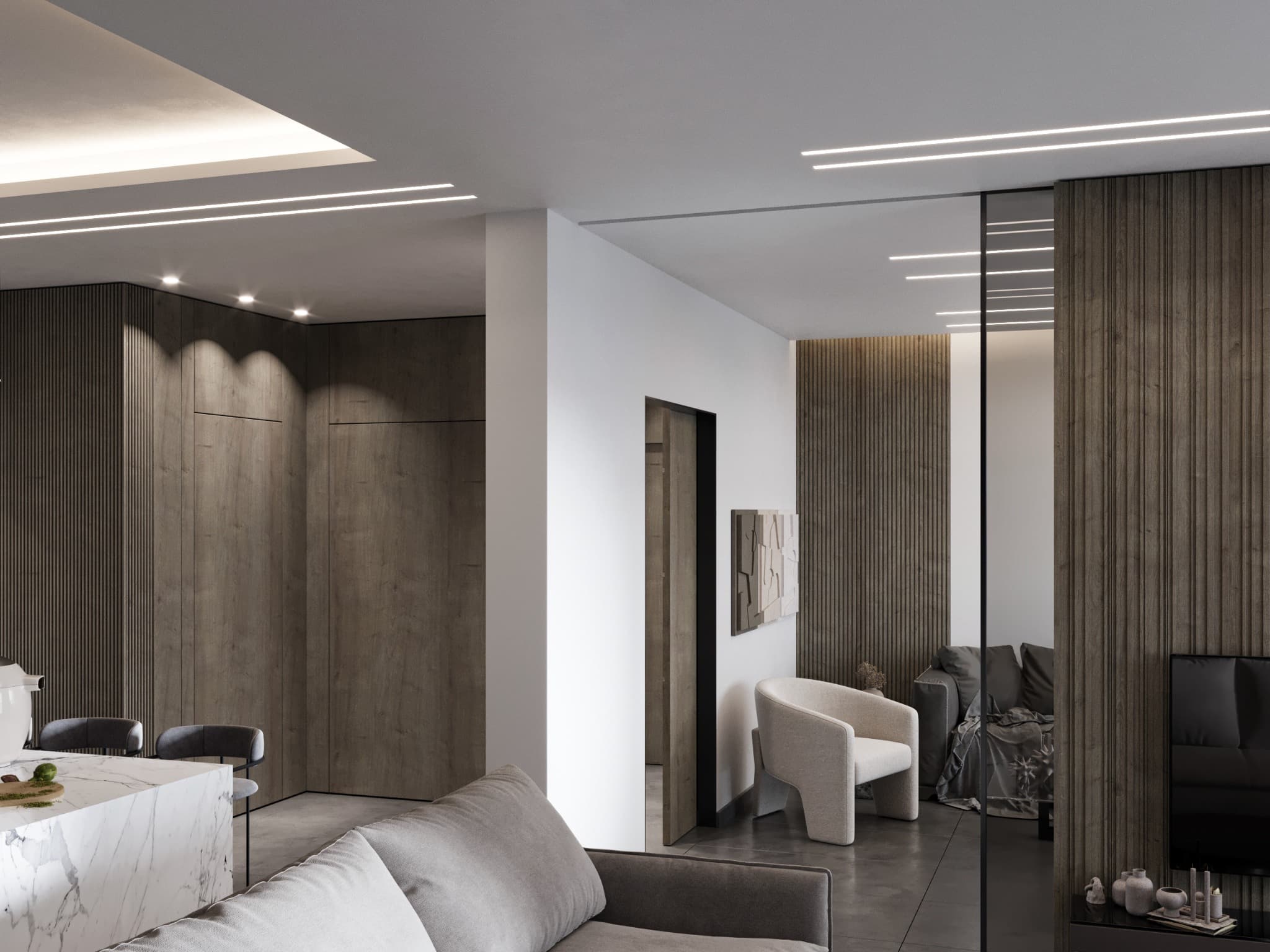 Side view relating the sofa, island and media partition through open sightlines