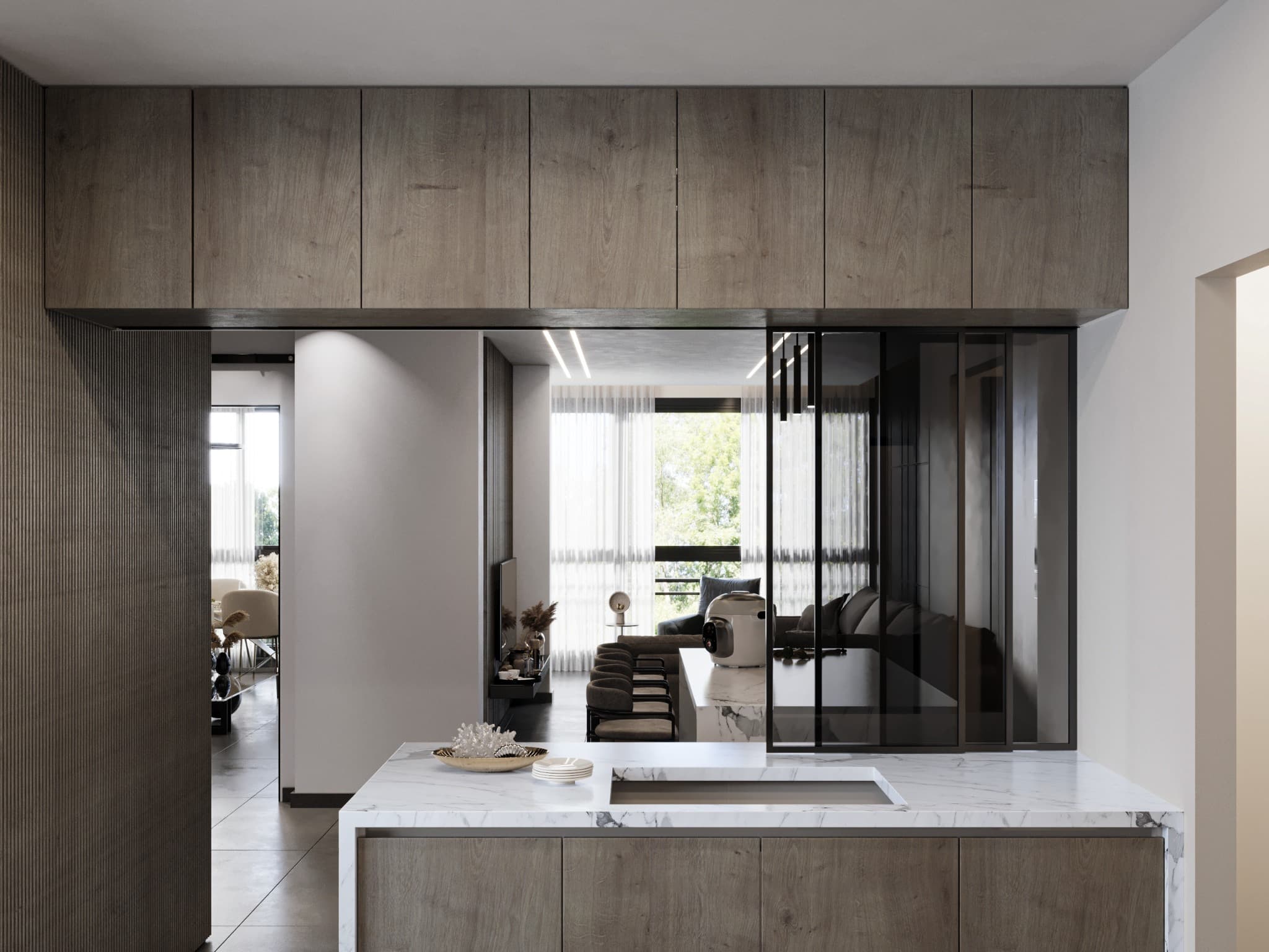 Frontal view aligning the island with the opening beyond and reflective surfaces
