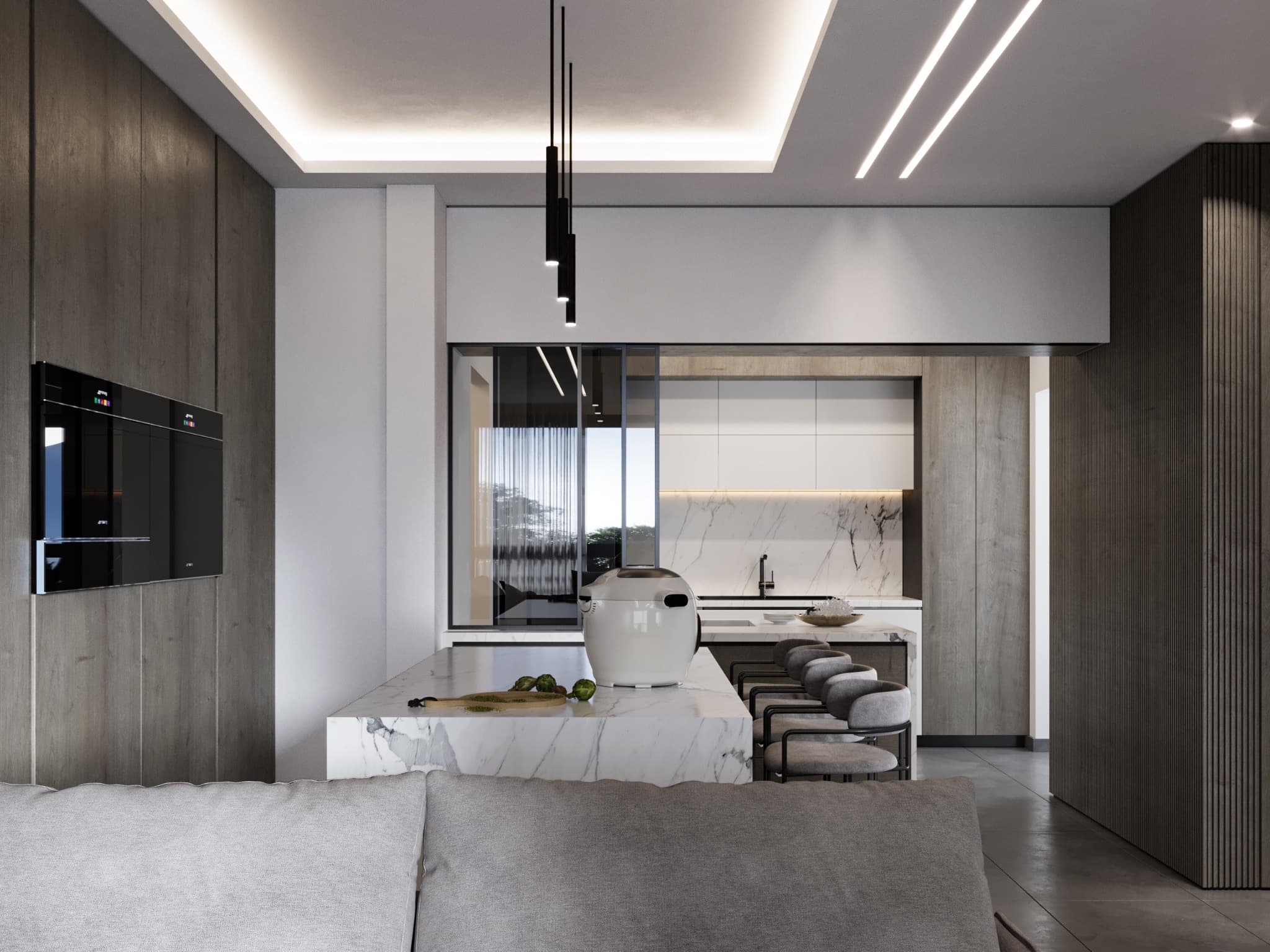 View from the island toward the adjoining rooms past slender stools and pendants