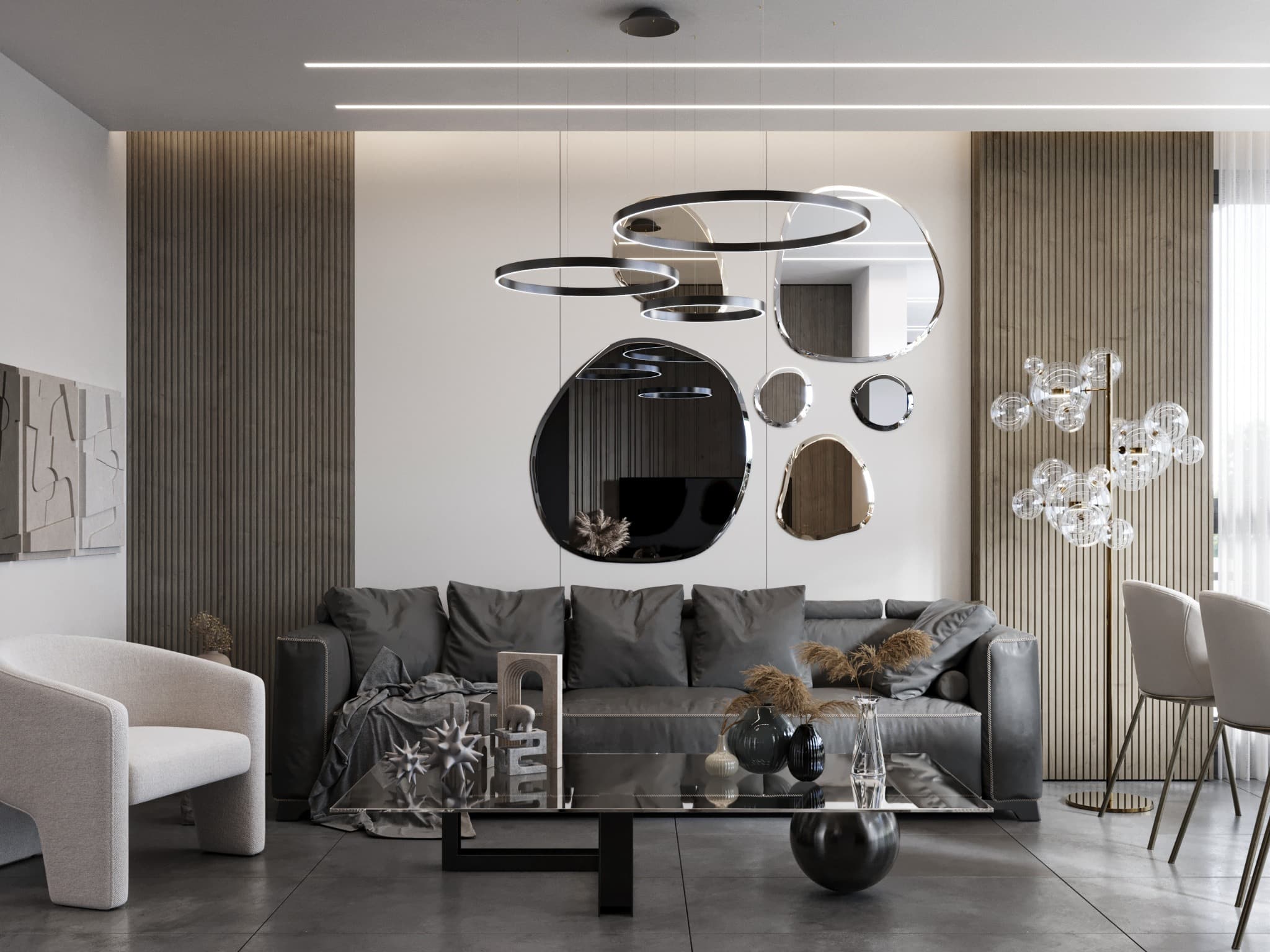 Circular mirrors and ring pendants above a darker sofa with glass-topped tables