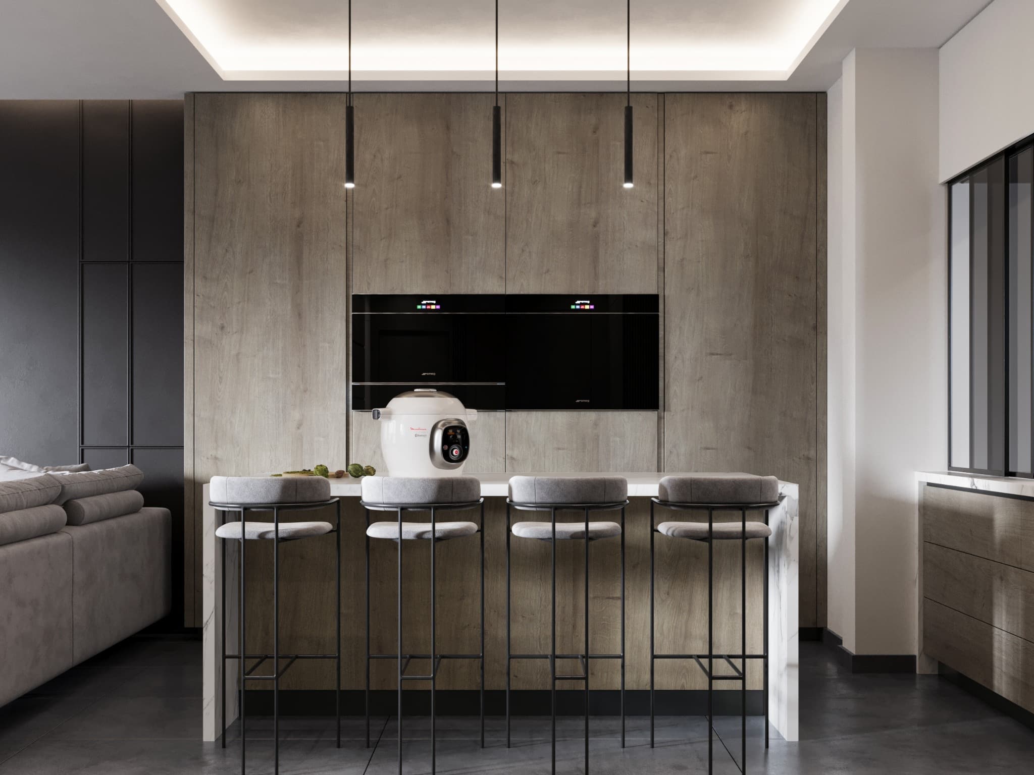 Island elevation with slim stools beneath a pale countertop and dark pendants