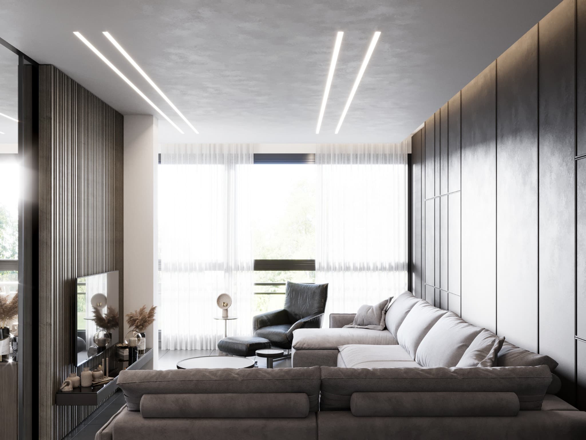 Window-facing view along the full length of the sectional sofa