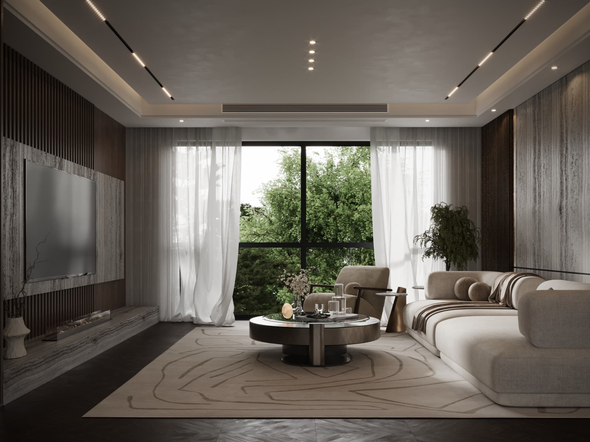 Wide view of the window and the length of the sofa