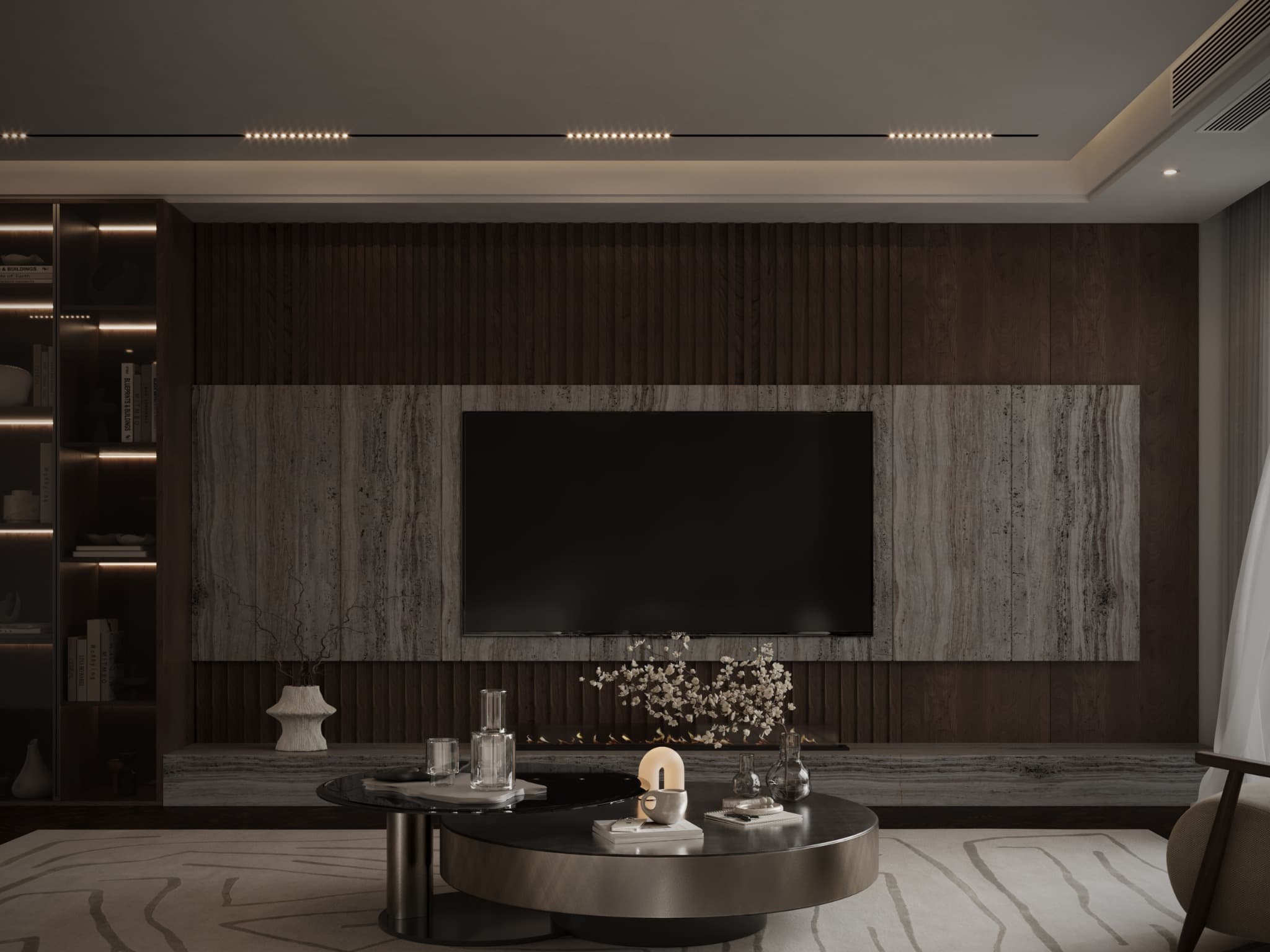 Media wall with stone-effect surround, timber slats and low console