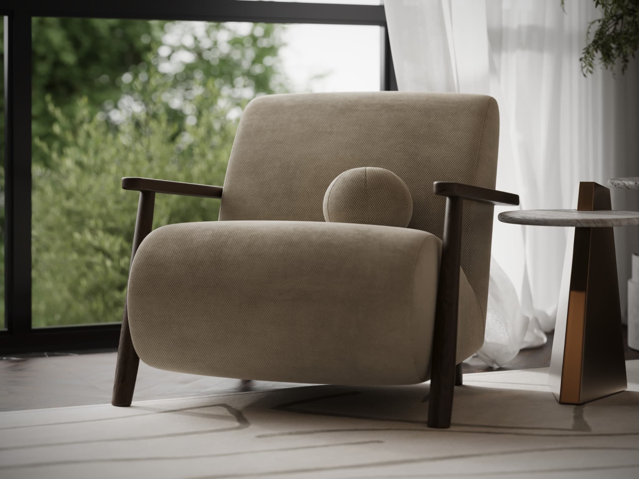 Armchair with padded seat and slim timber frame against the window
