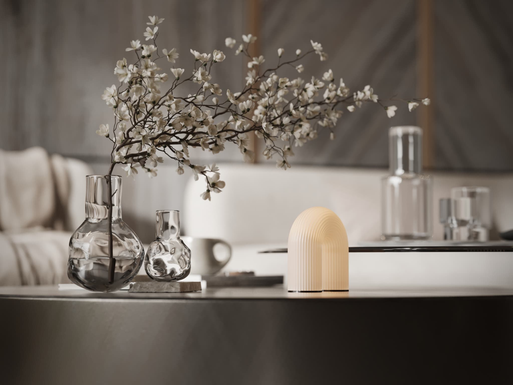 Tabletop still life of glass, ceramic and branches