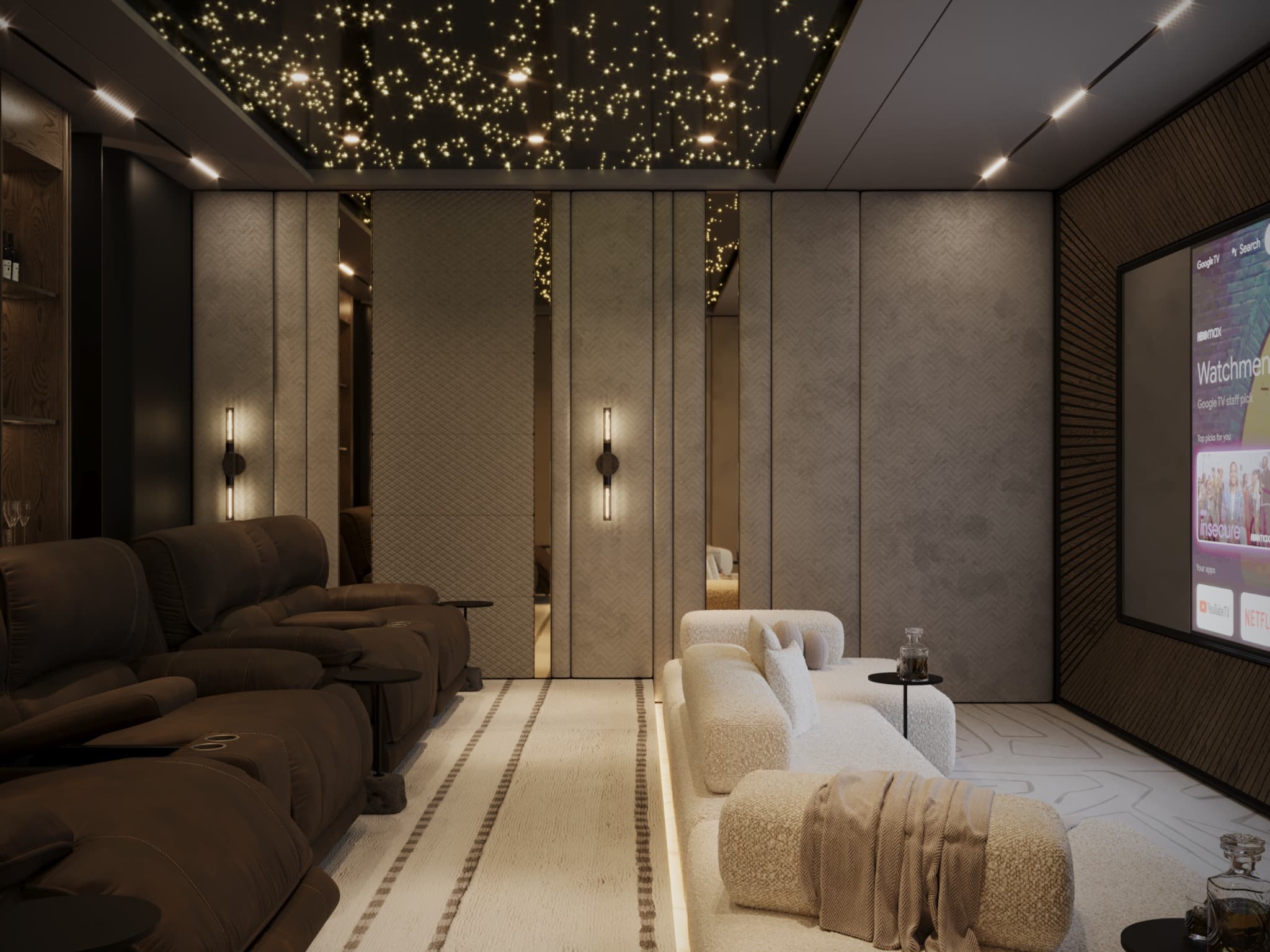 Side view of screen, seating and panelled walls with small lights