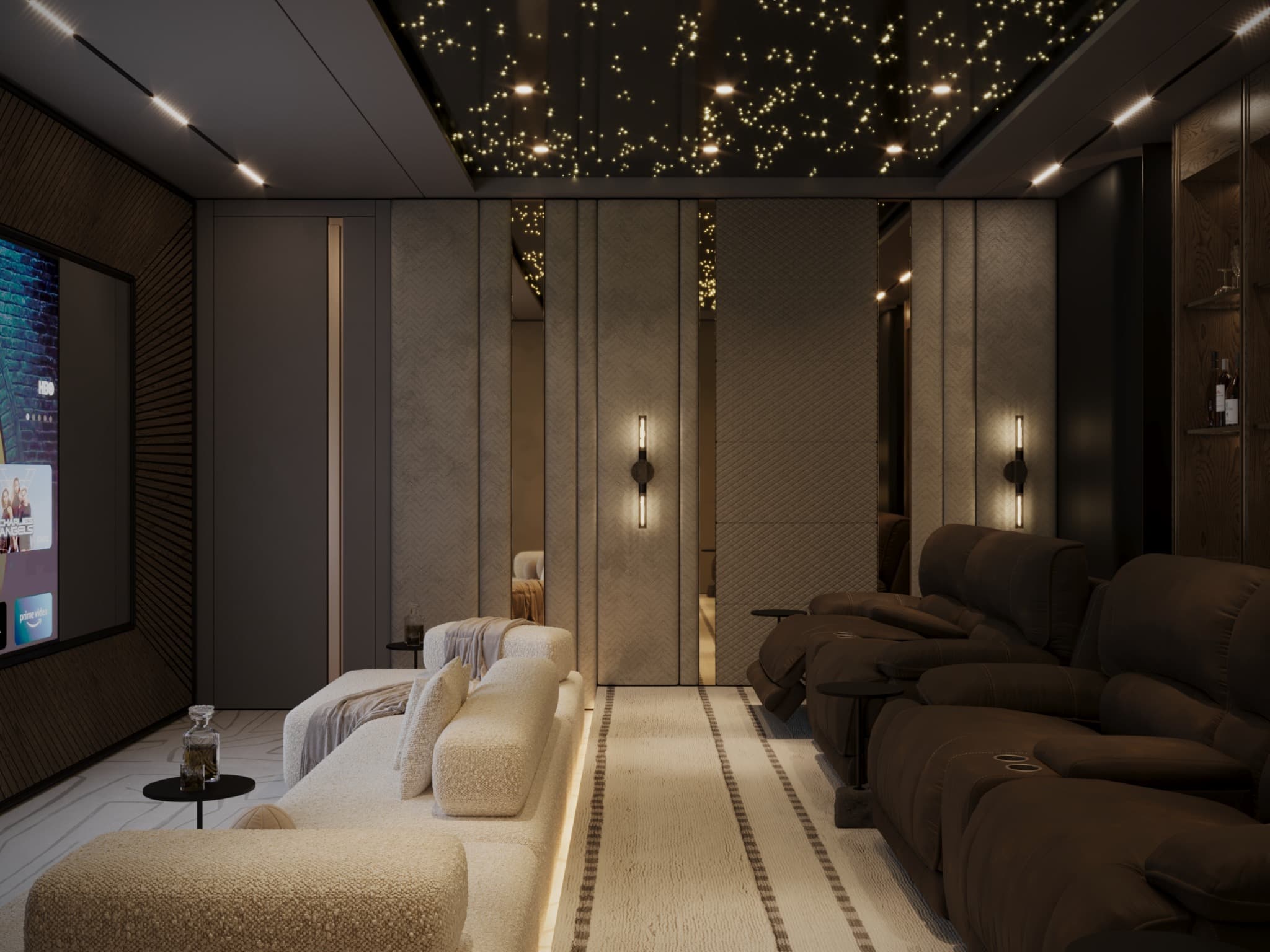 Dark recliners and pale lounge seating unified by a rug