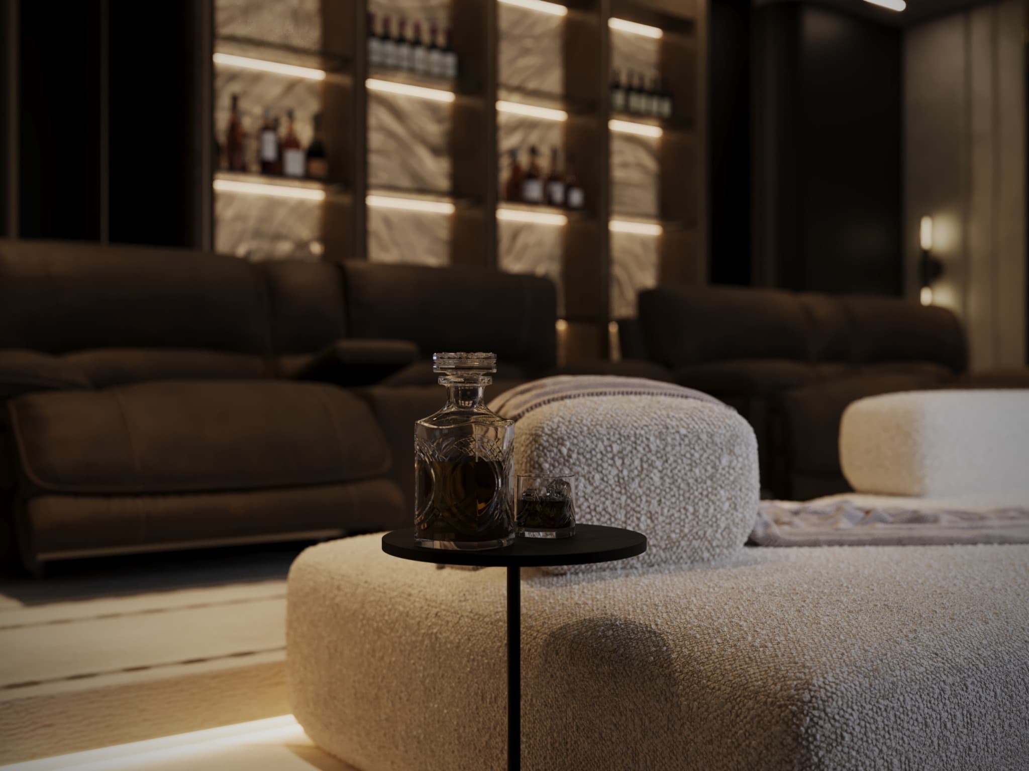 Textured front sofa with small table and glassware