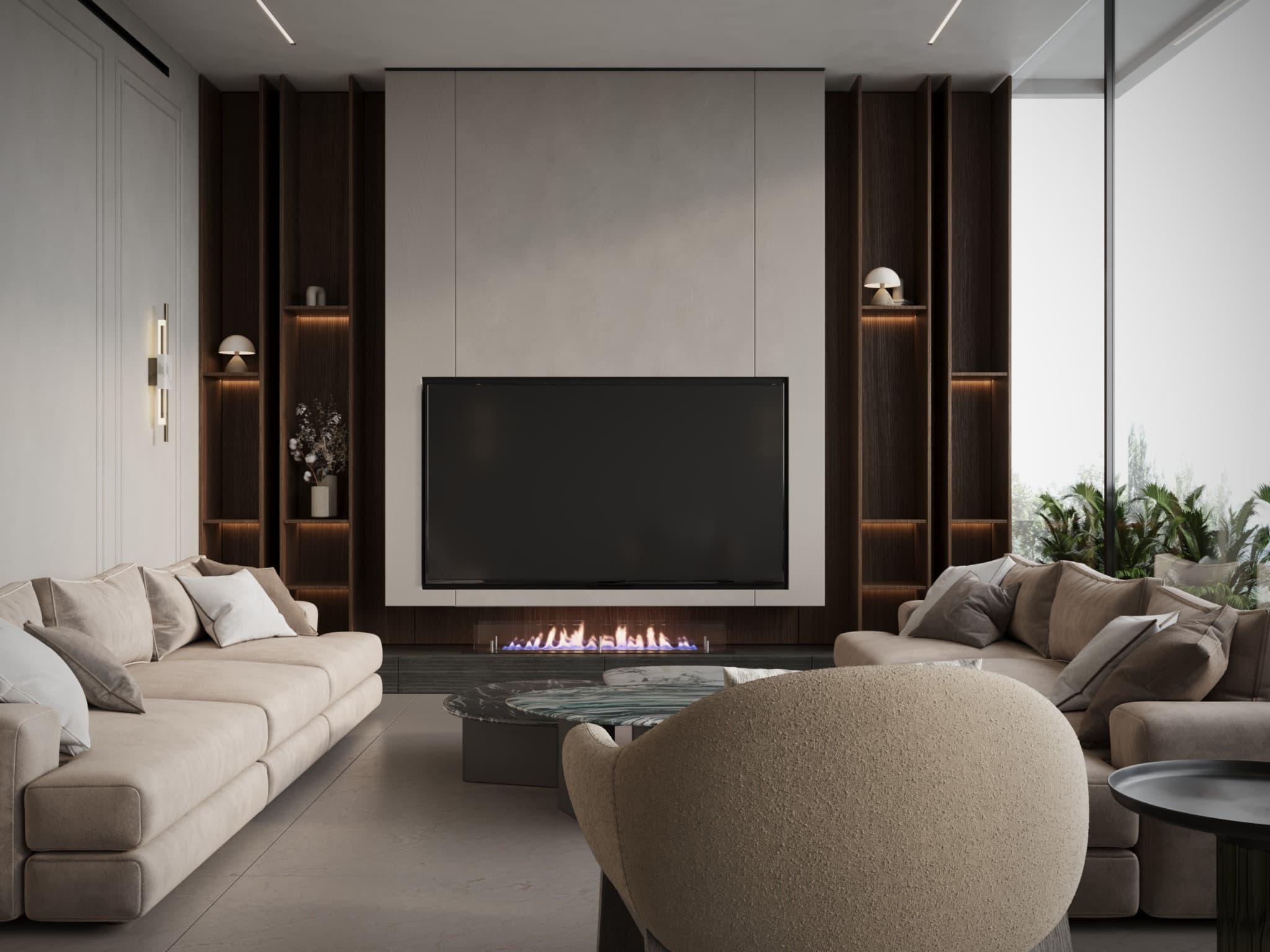 Central wall panel carrying a screen and linear fireplace between illuminated shelving