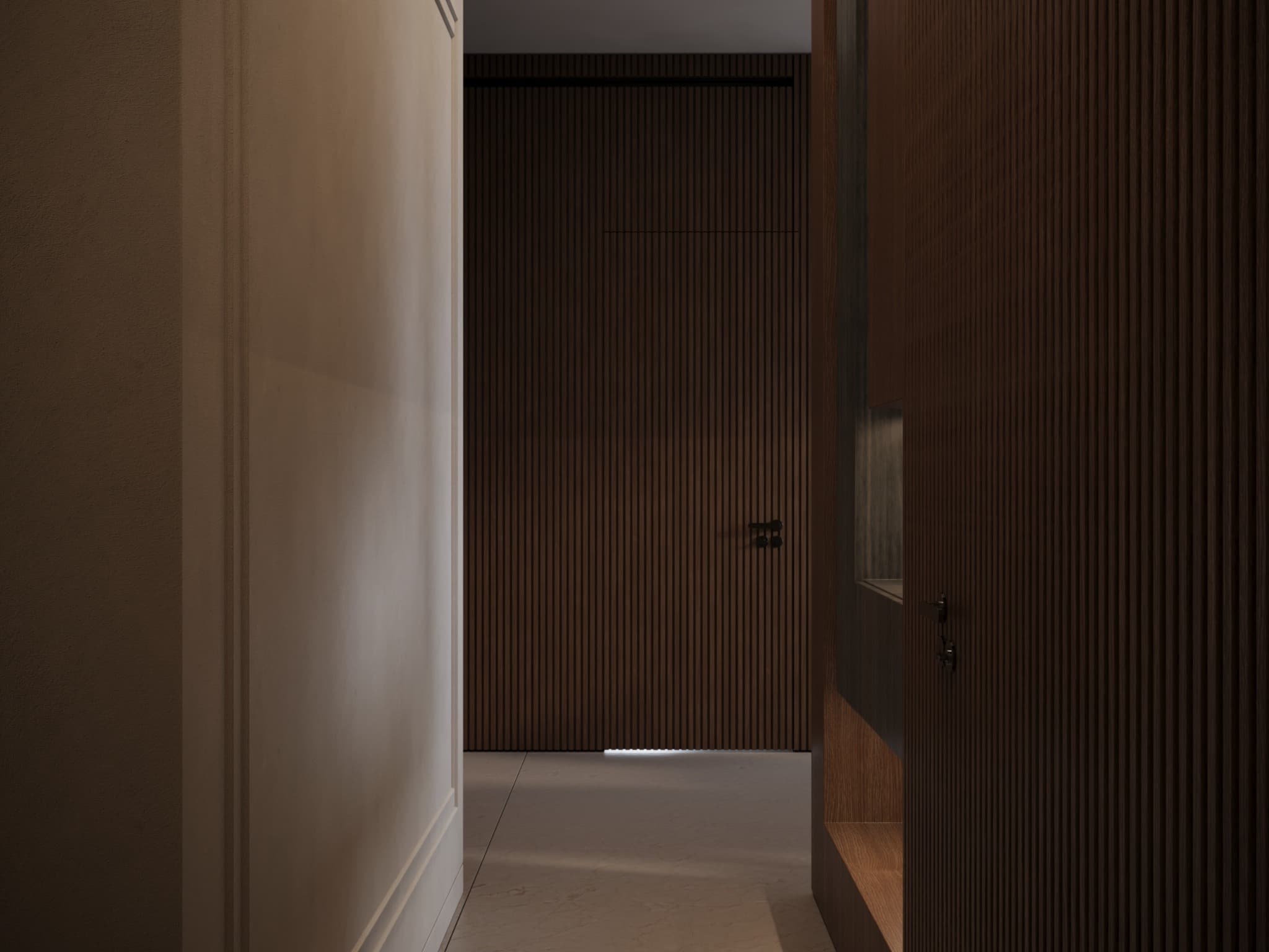 Entrance view contrasting a pale curved surface with deeply toned timber
