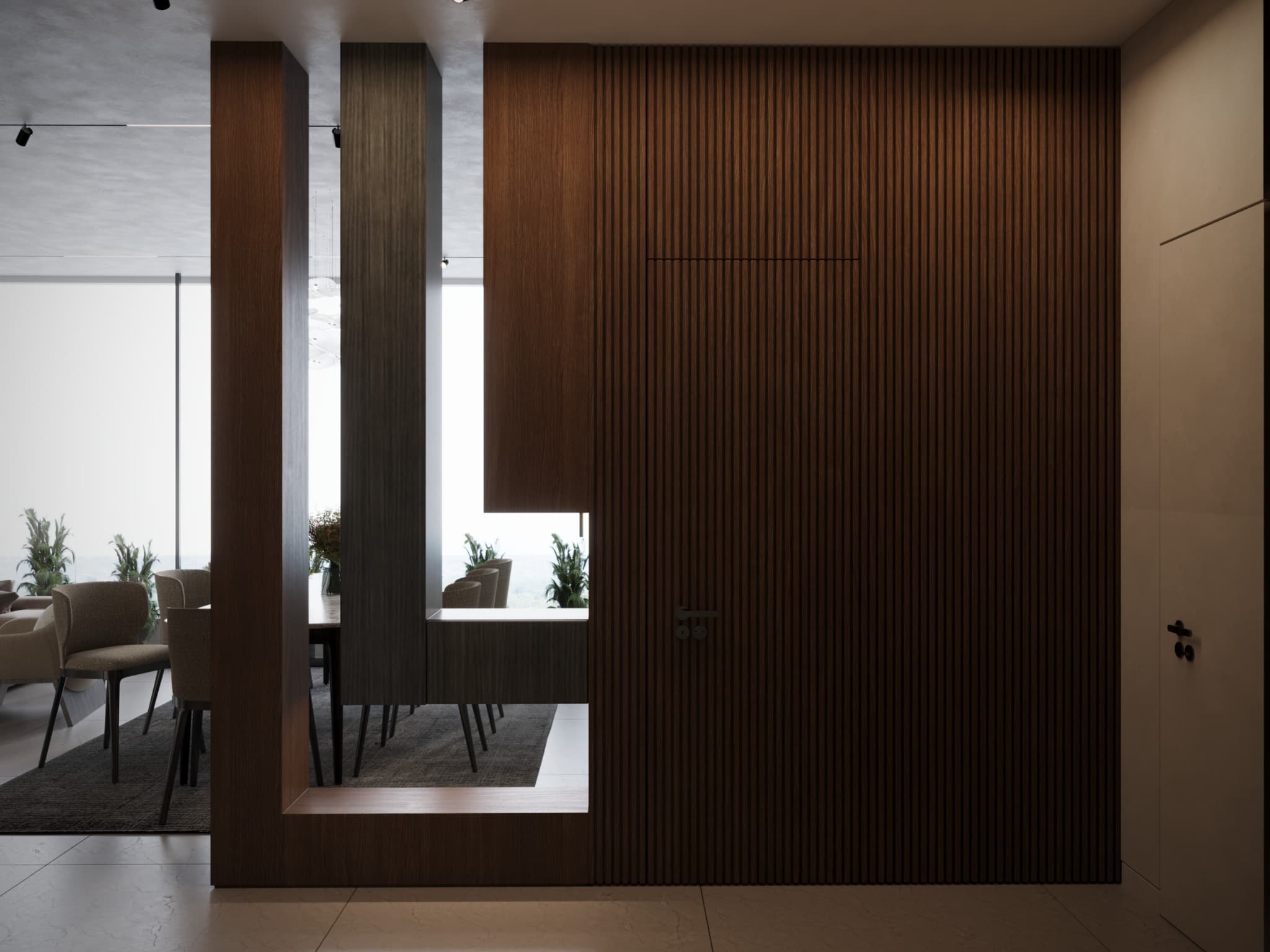 Tall mirror set into the vertical timber rhythm, reflecting the dining room