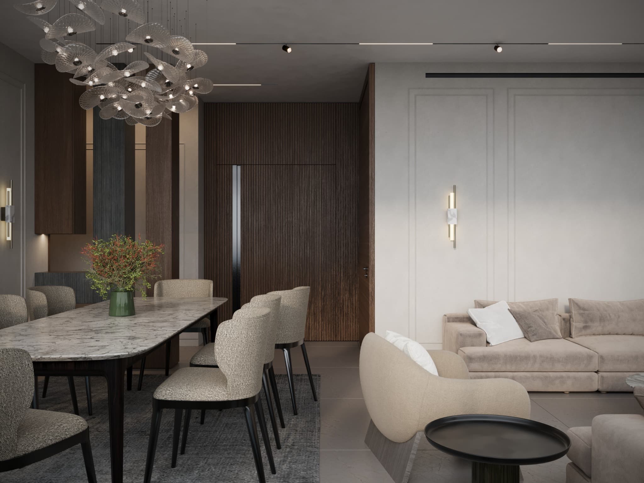 Side perspective linking the dining group and lounge within one room