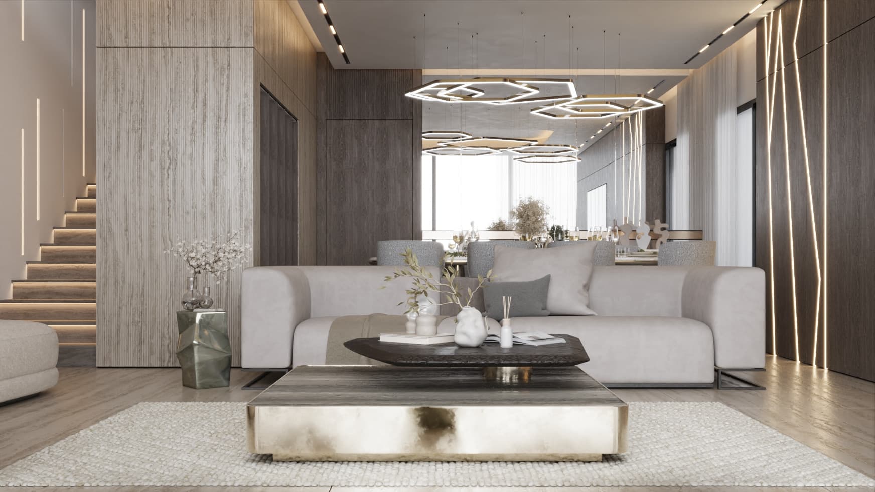 Oblique view connecting the lounge with the dining area and stair beneath sculptural lighting