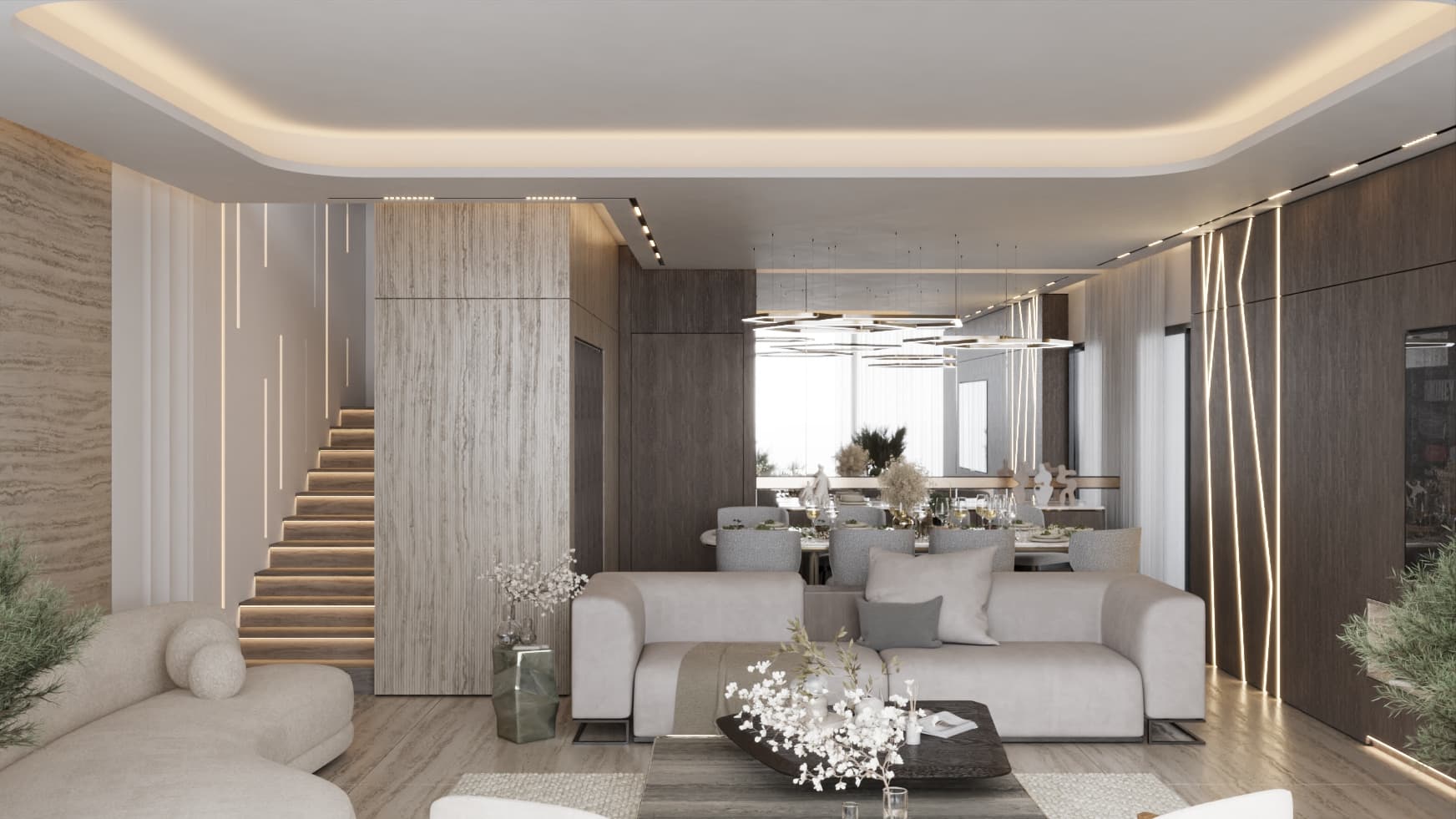 Wider living view showing the seating arrangement and circulation toward the stair