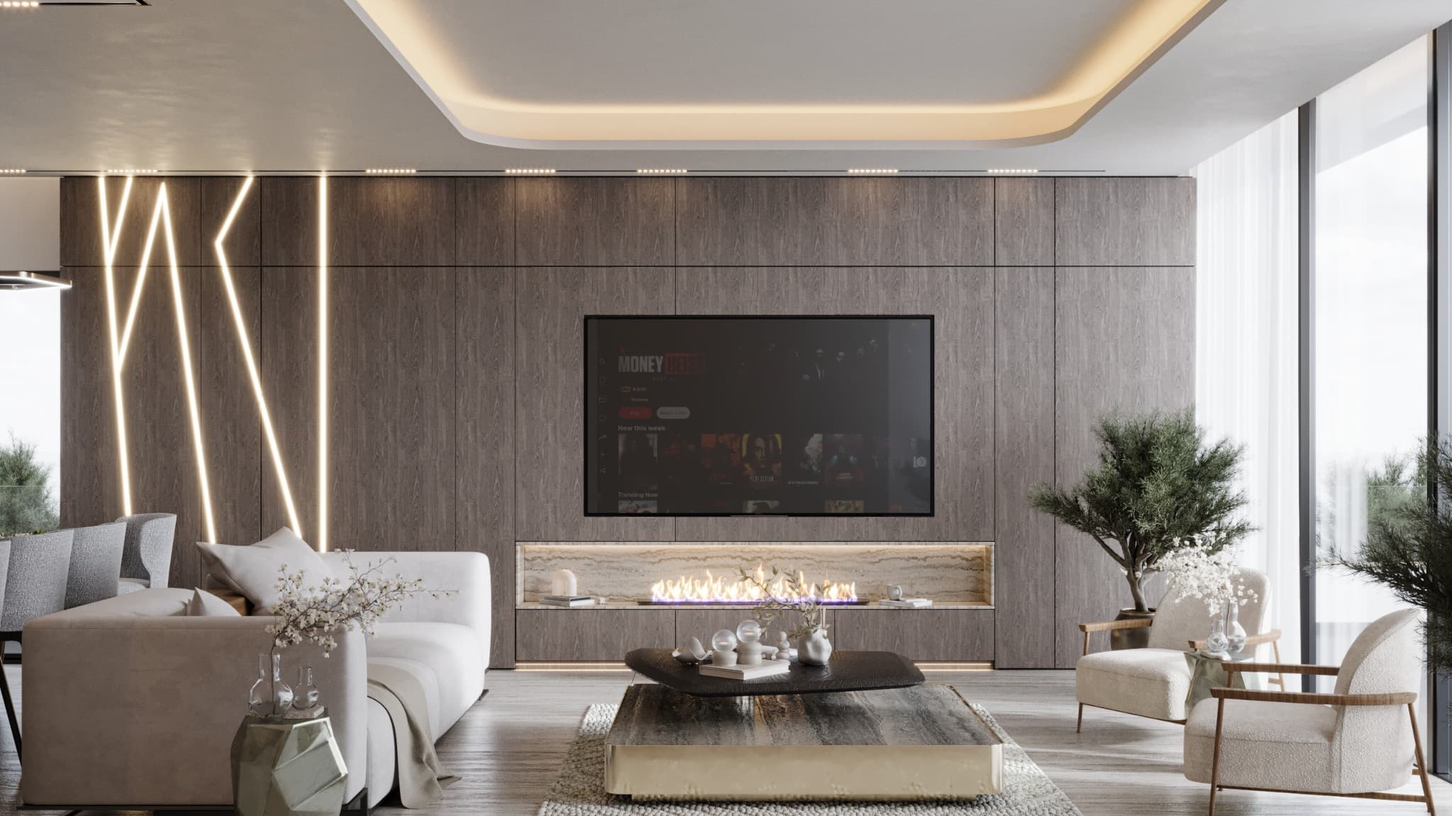 Timber-toned media wall animated by diagonal light lines beside a linear fireplace