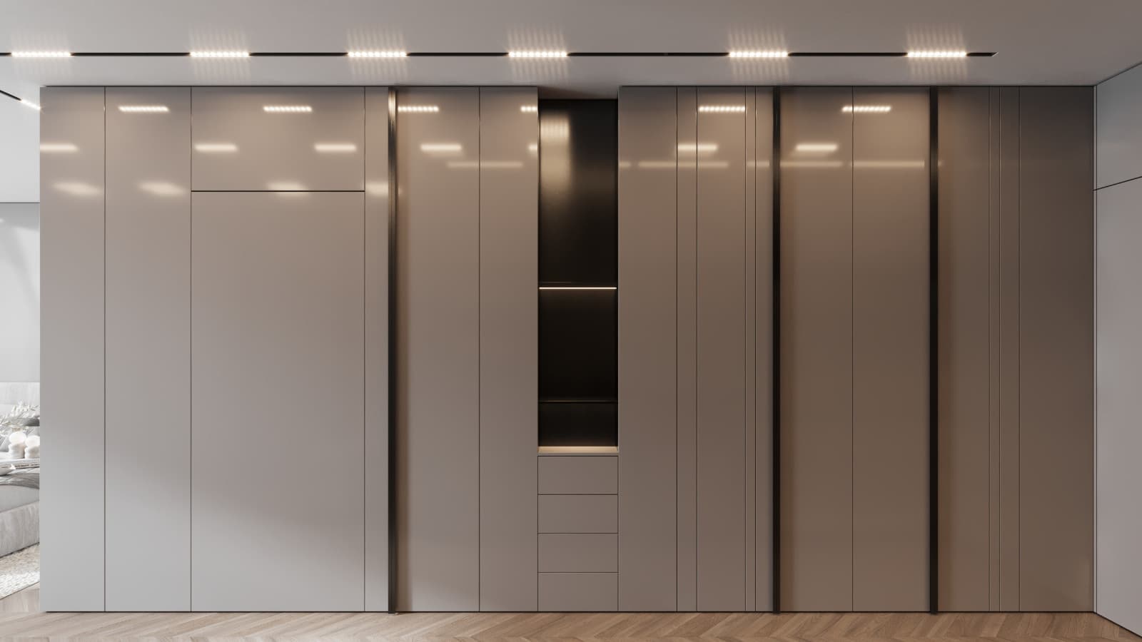 Wardrobe elevation combining smooth fronts, darker panels and a central open niche
