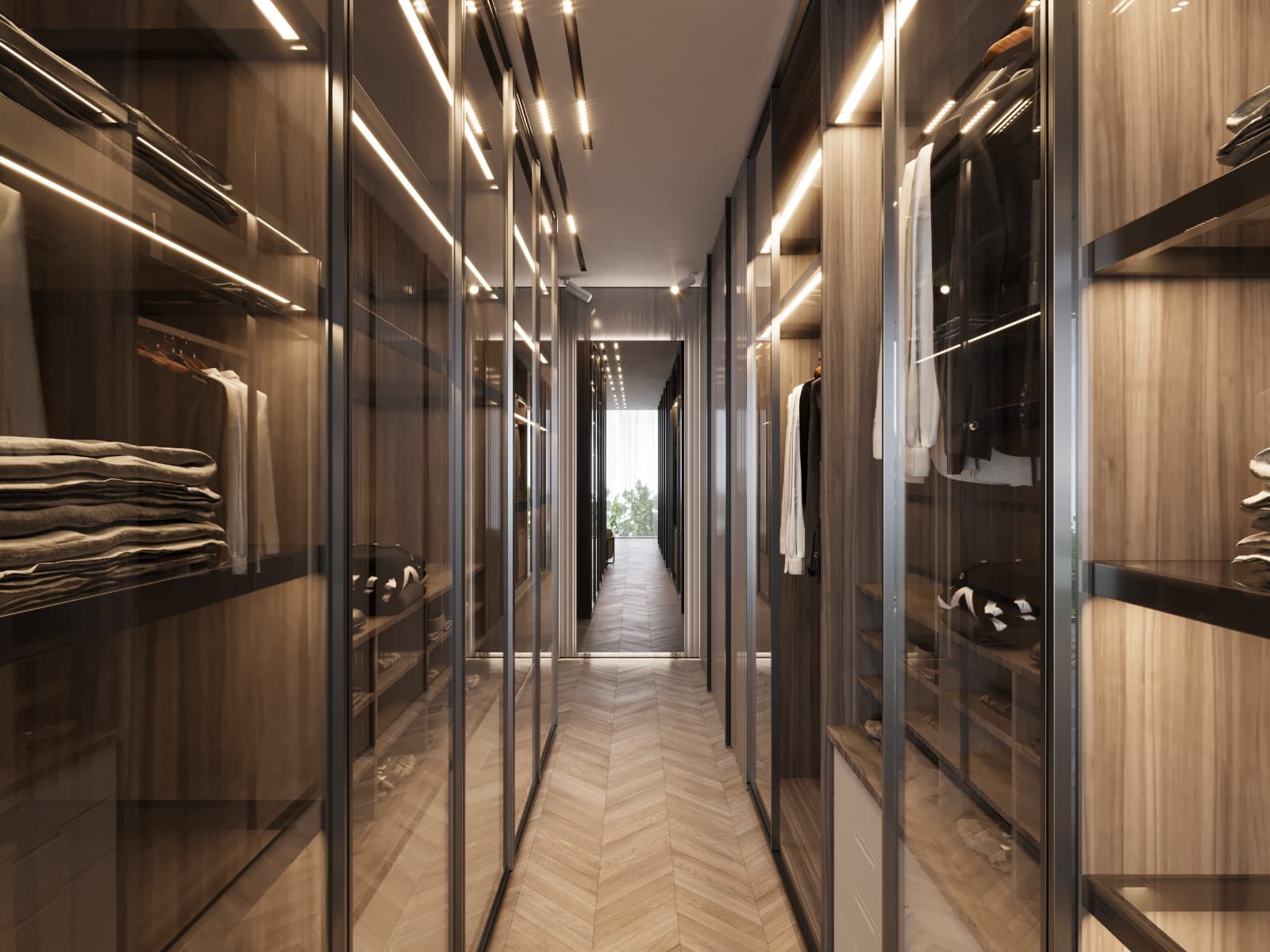 Dressing corridor layering transparent doors, warm shelving and linear ceiling lights