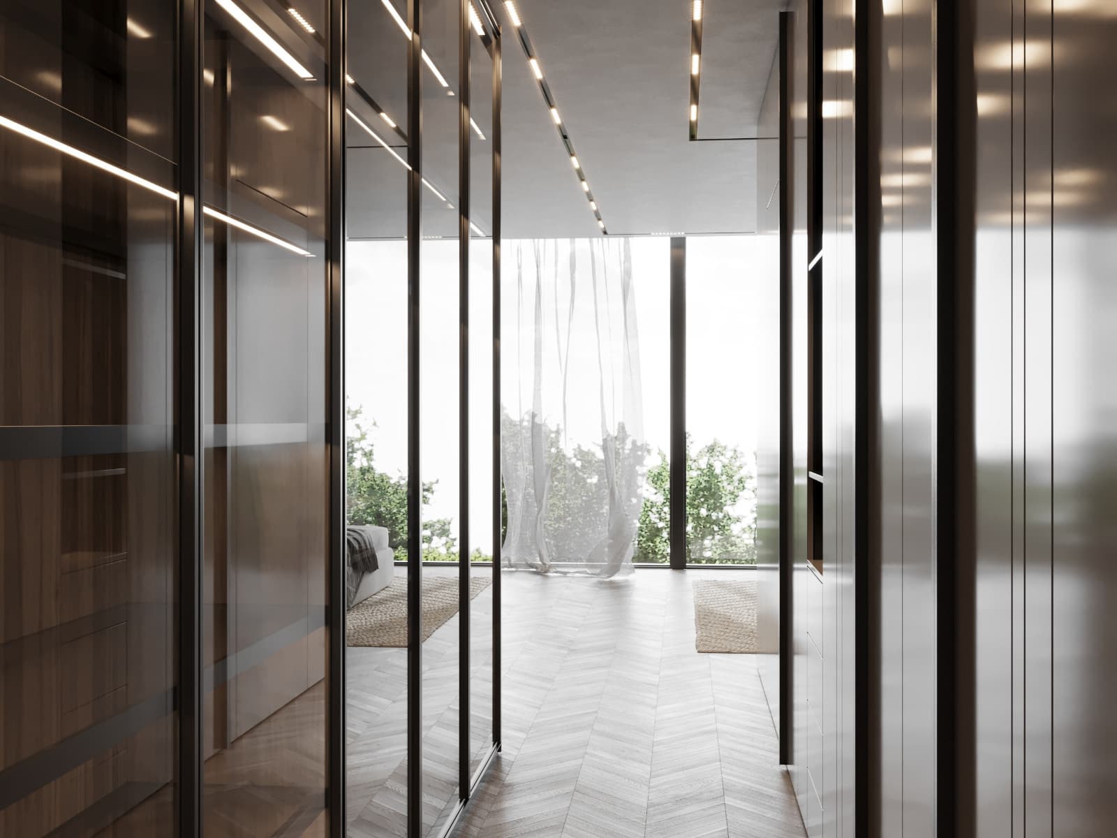 View toward the window following the glazed fronts and their reflections