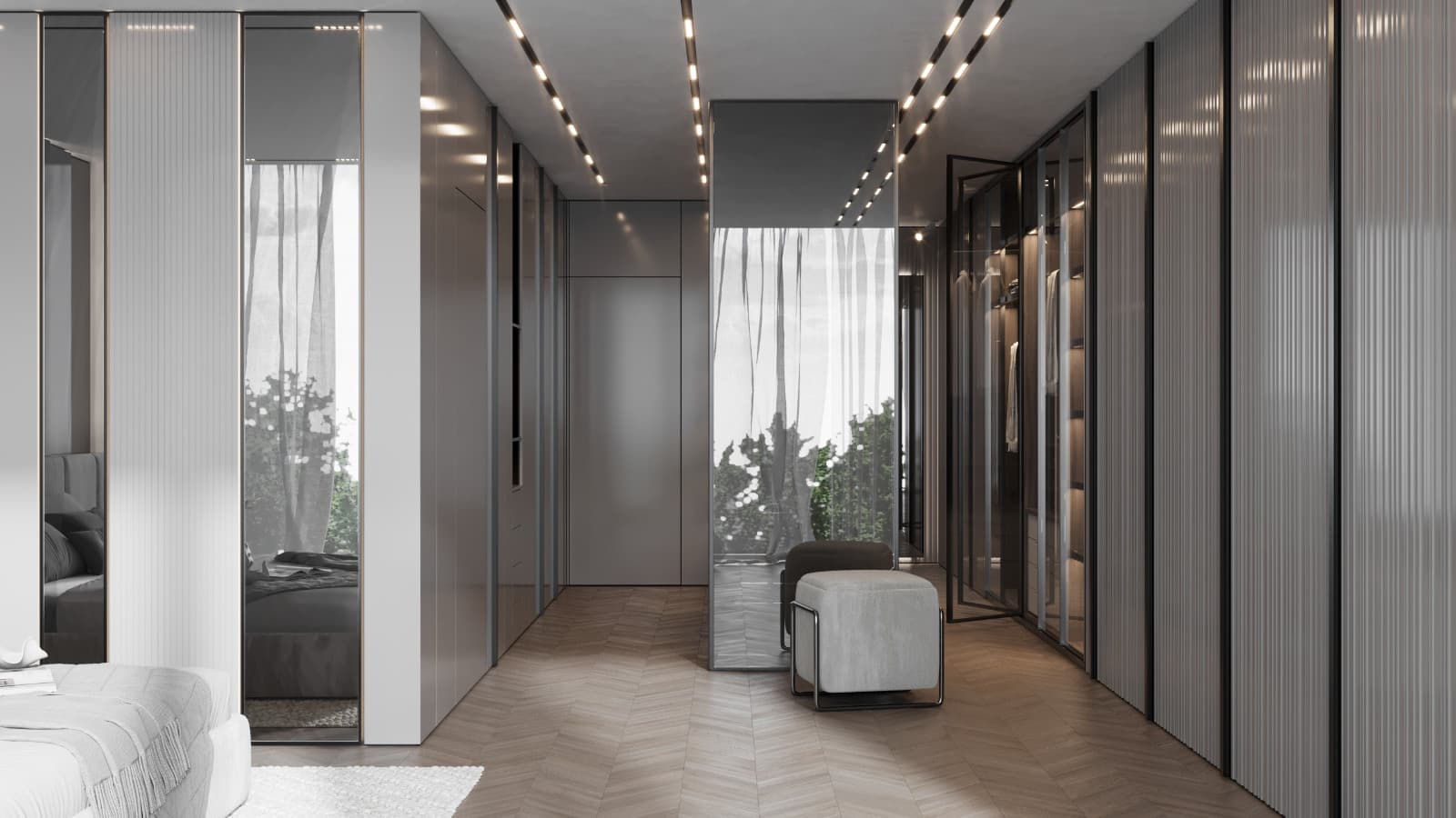 Wider dressing view at the junction between closed panels and open display storage