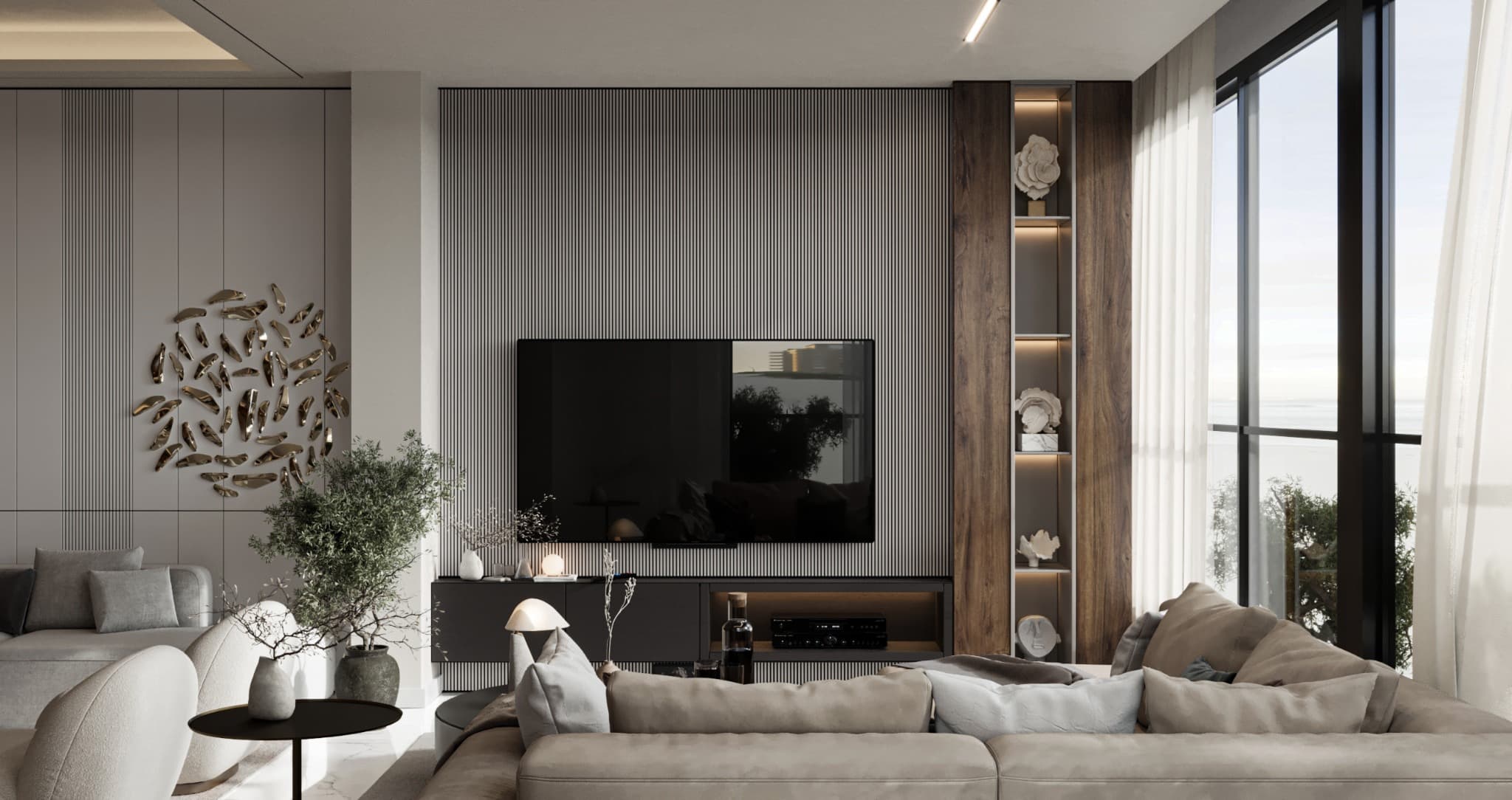 Media wall pairing a fluted surface with an illuminated display above low seating