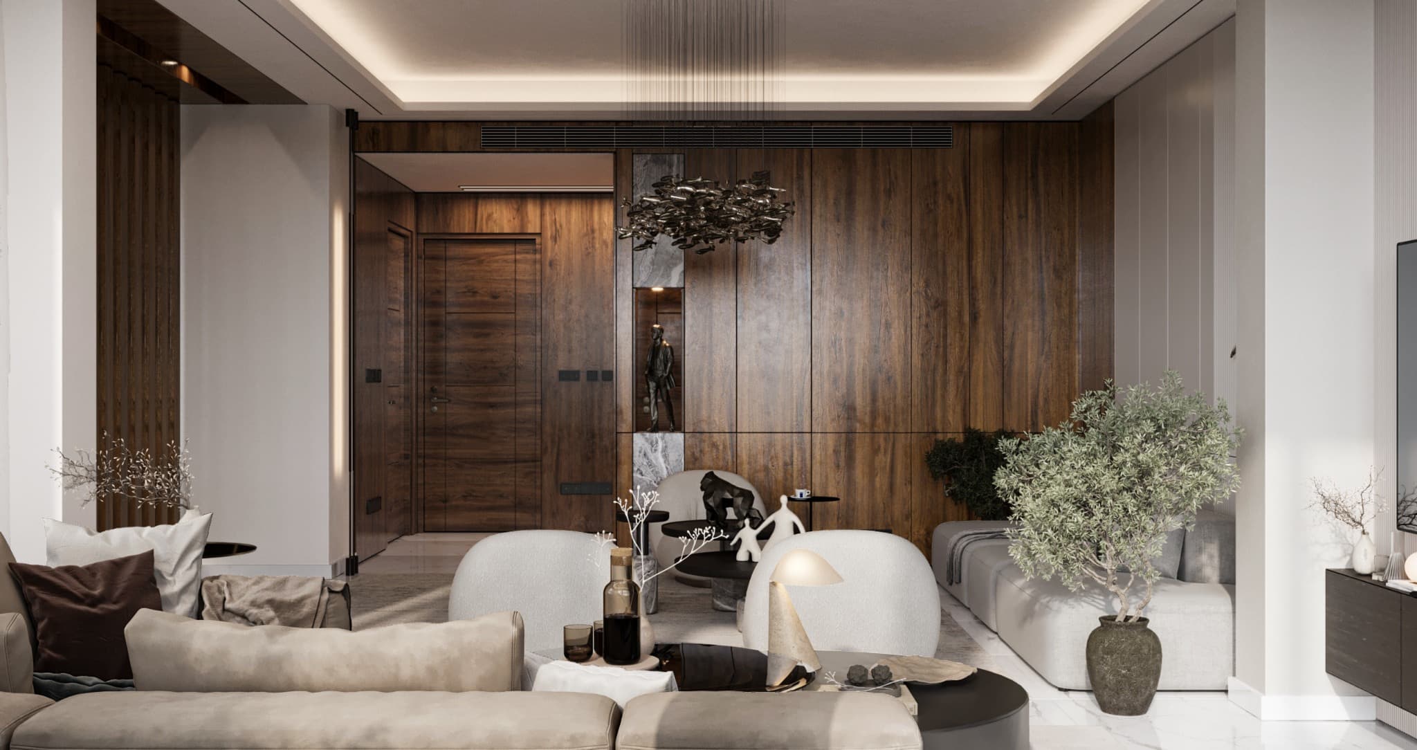 Reverse view placing the timber entrance wall behind the rounded living group