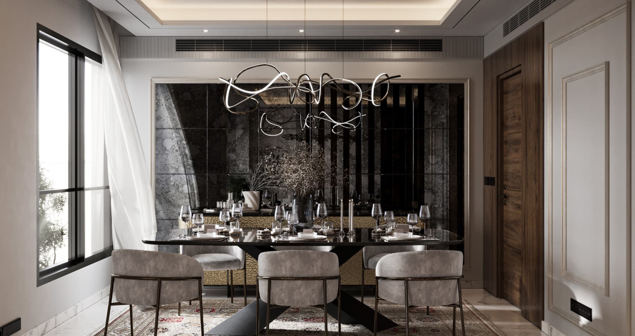 Sculptural pendant above a set dining table backed by dark reflective panels