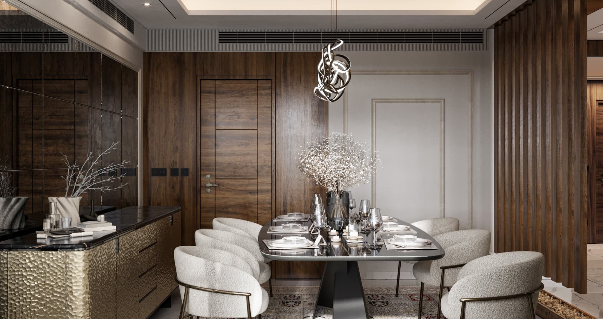 Side dining view with a textured sideboard, pale upholstered chairs and timber panels