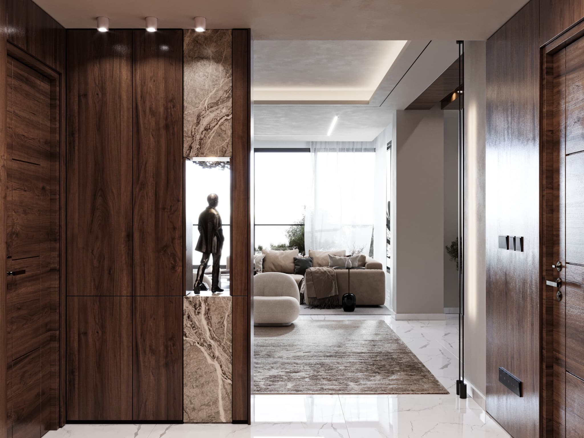 Entrance view framing the lounge beyond a timber-lined passage
